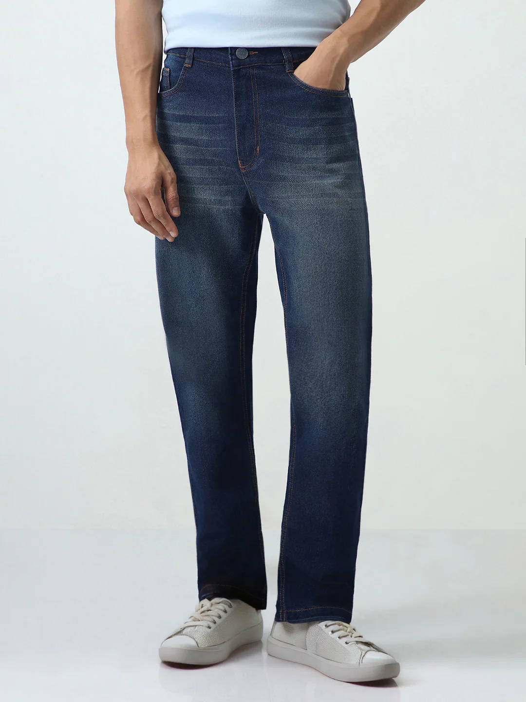 Men's Dark Blue Straight Fit Heavy Washed Jeans Stretchable