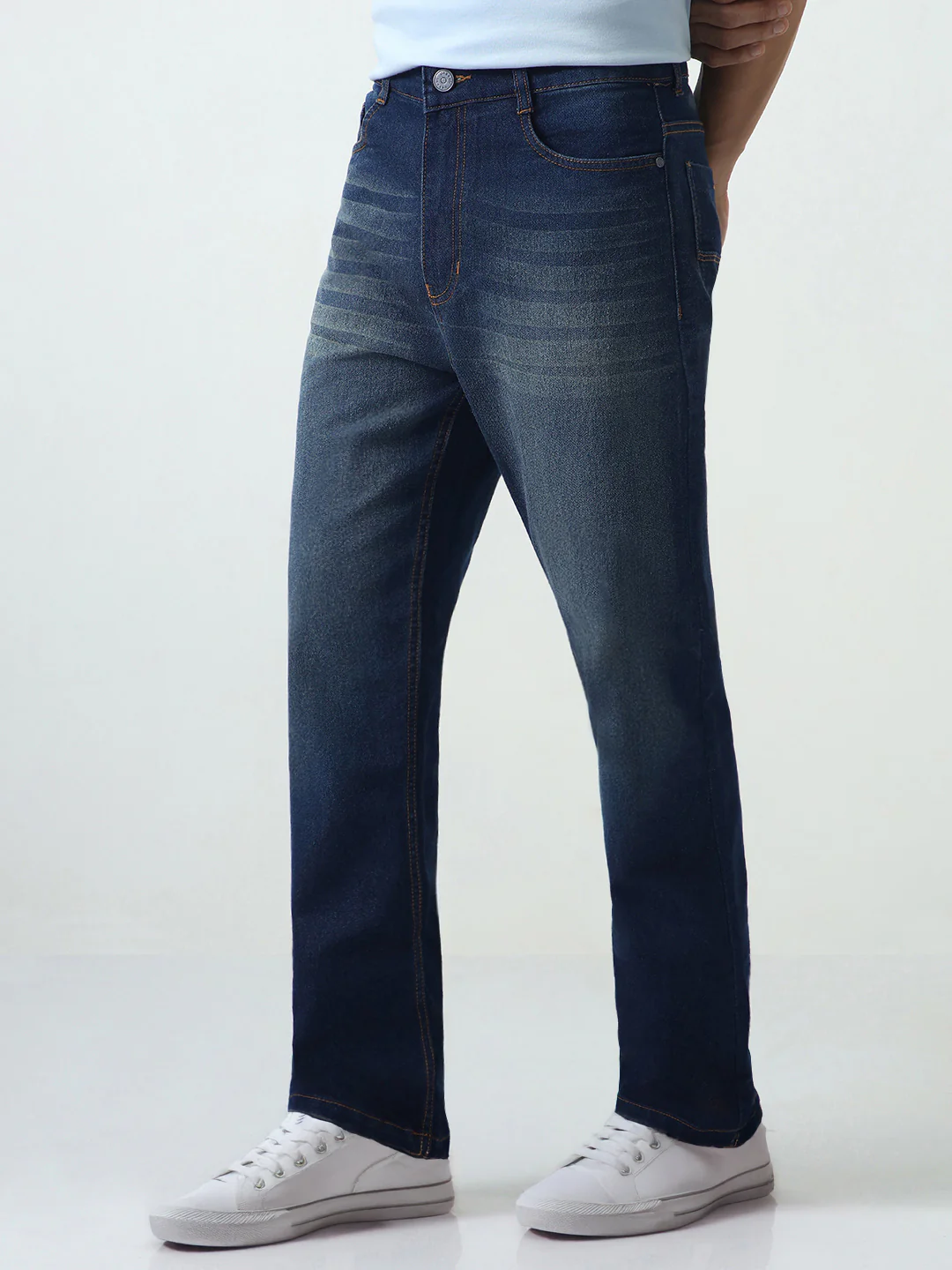 Men's Dark Blue Straight Fit Heavy Washed Jeans Stretchable - Image 2