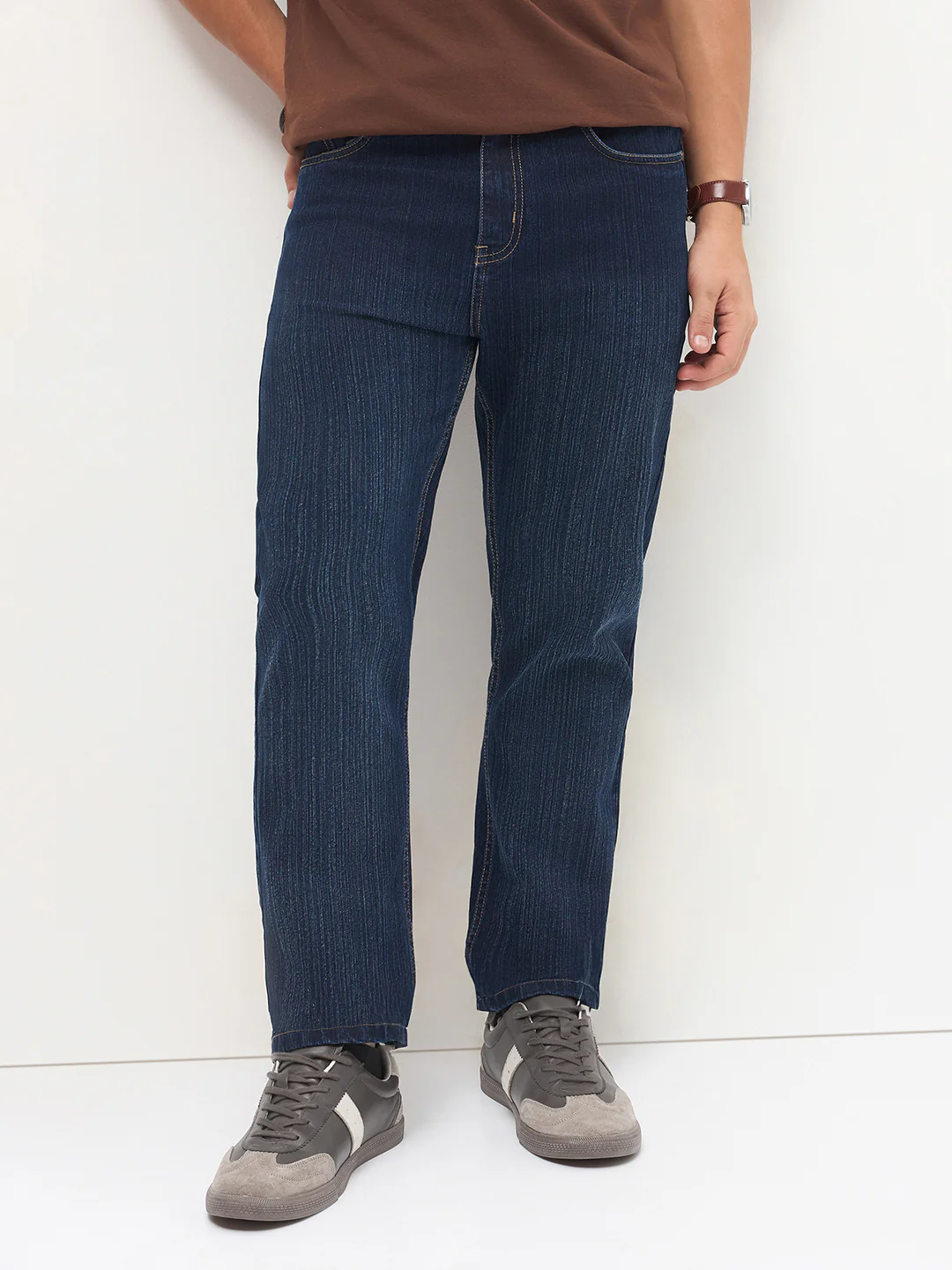 Men's Dark Blue Straight Fit Washed Denim Jeans Stretchable - Image 2
