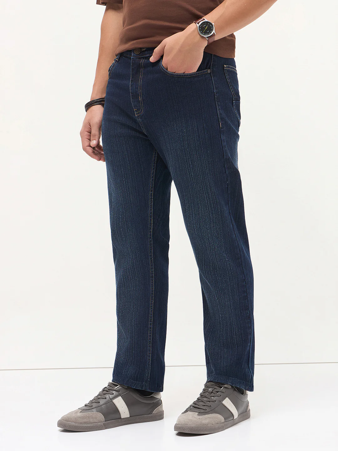 Men's Dark Blue Straight Fit Washed Denim Jeans Stretchable - Image 3