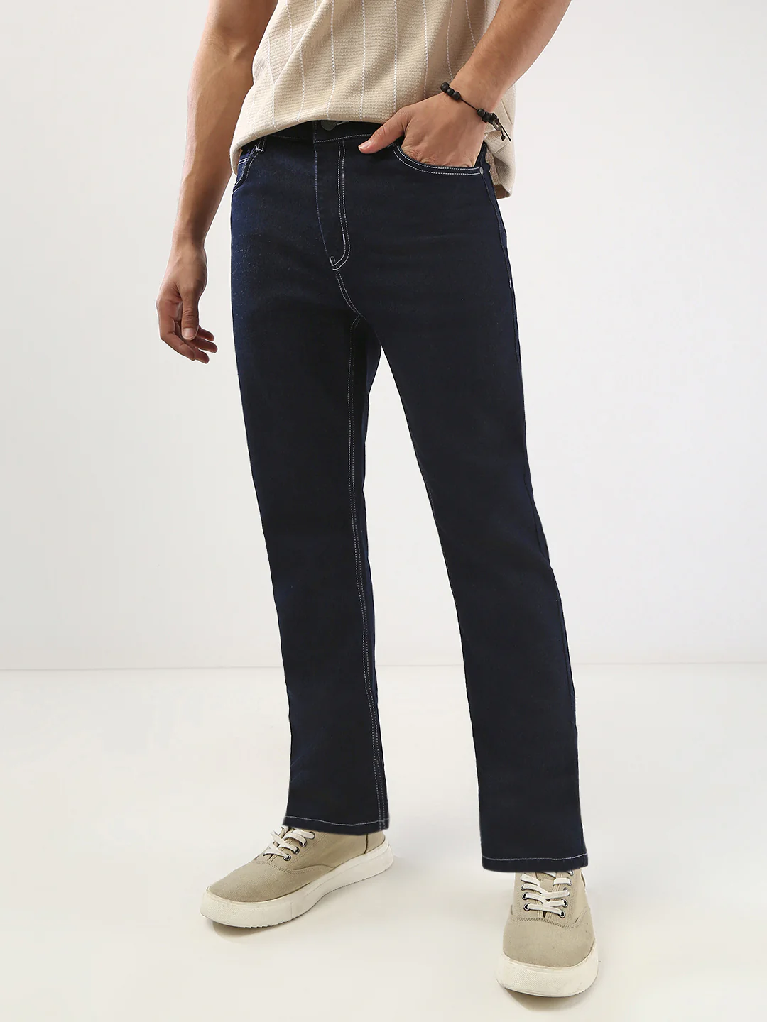 Men's Dark Blue Straight Fit Washed Jeans Stretchable - Image 2