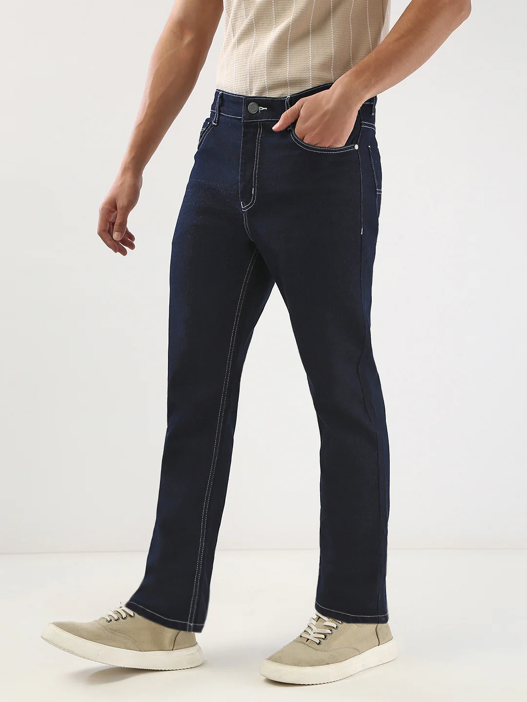 Men's Dark Blue Straight Fit Washed Jeans Stretchable - Image 3