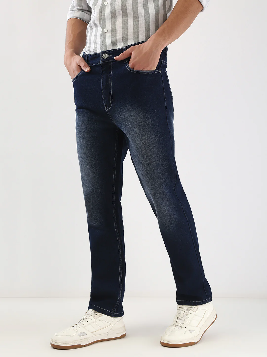 Men's Dark Blue Straight Fit Washed Jeans Stretchable - Image 3