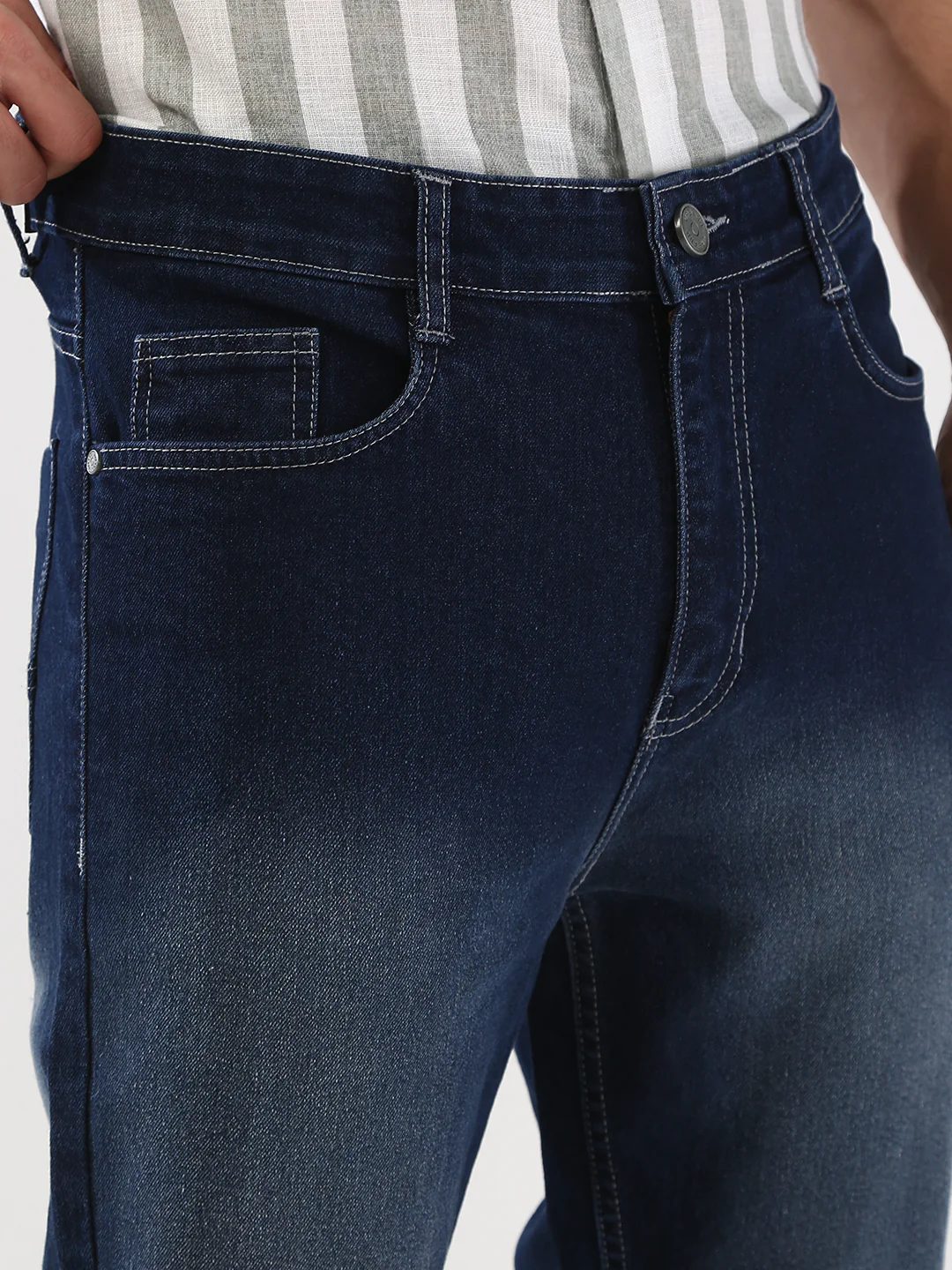 Men's Dark Blue Straight Fit Washed Jeans Stretchable - Image 6