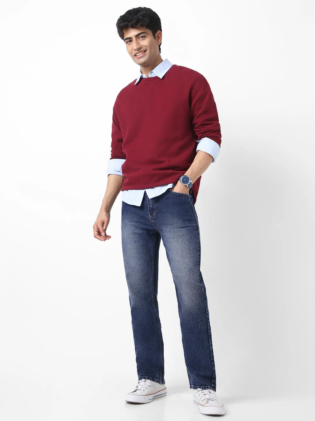 Men's Dark Blue Straight Fit Washed Jeans Stretchable - Image 4