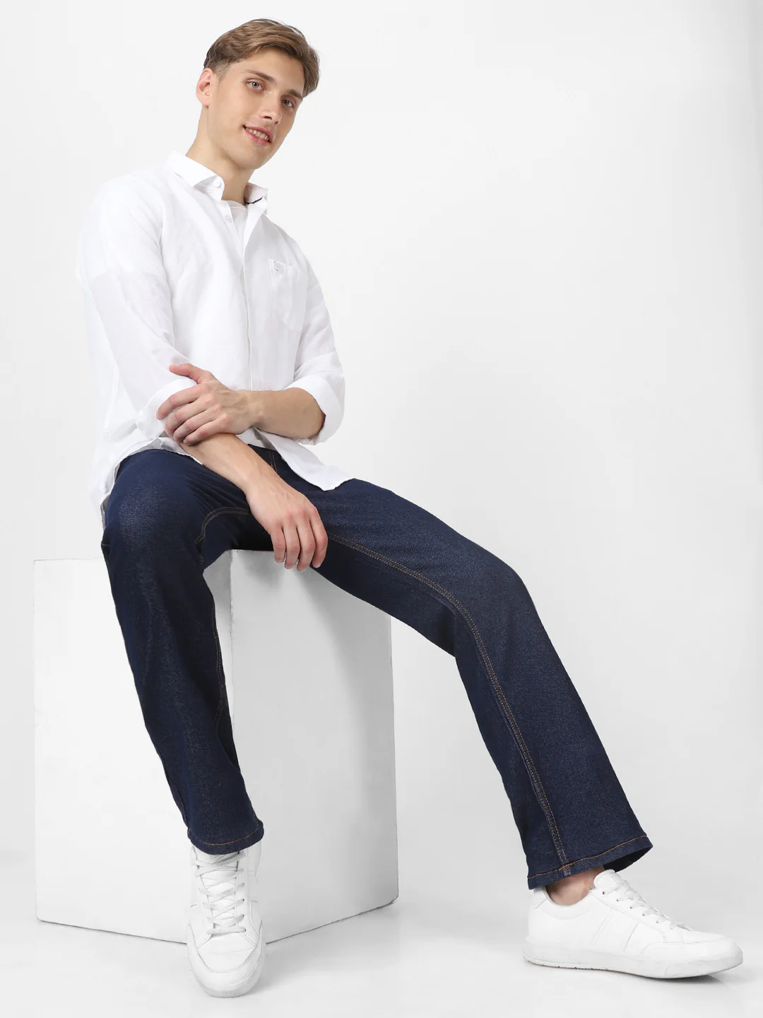 Men's Dark Blue Washed Bootcut Jeans Stretchable - Image 5