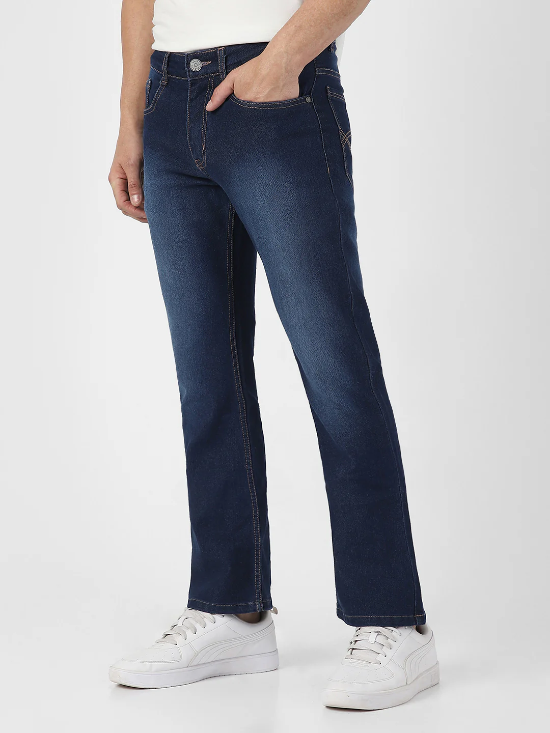 Men's Dark Blue Washed Bootcut Jeans Stretchable - Image 2