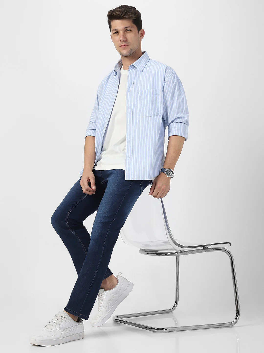 Men's Dark Blue Washed Bootcut Jeans Stretchable - Image 4