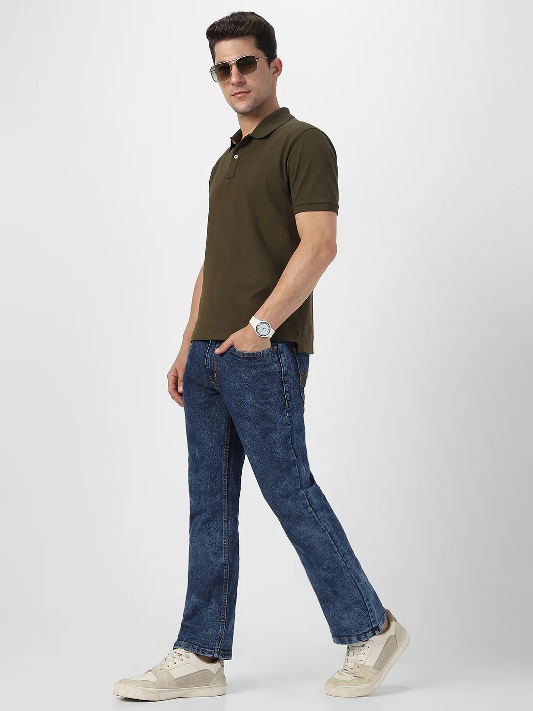 Men's Dark Blue Washed Bootcut Jeans Stretchable - Image 4