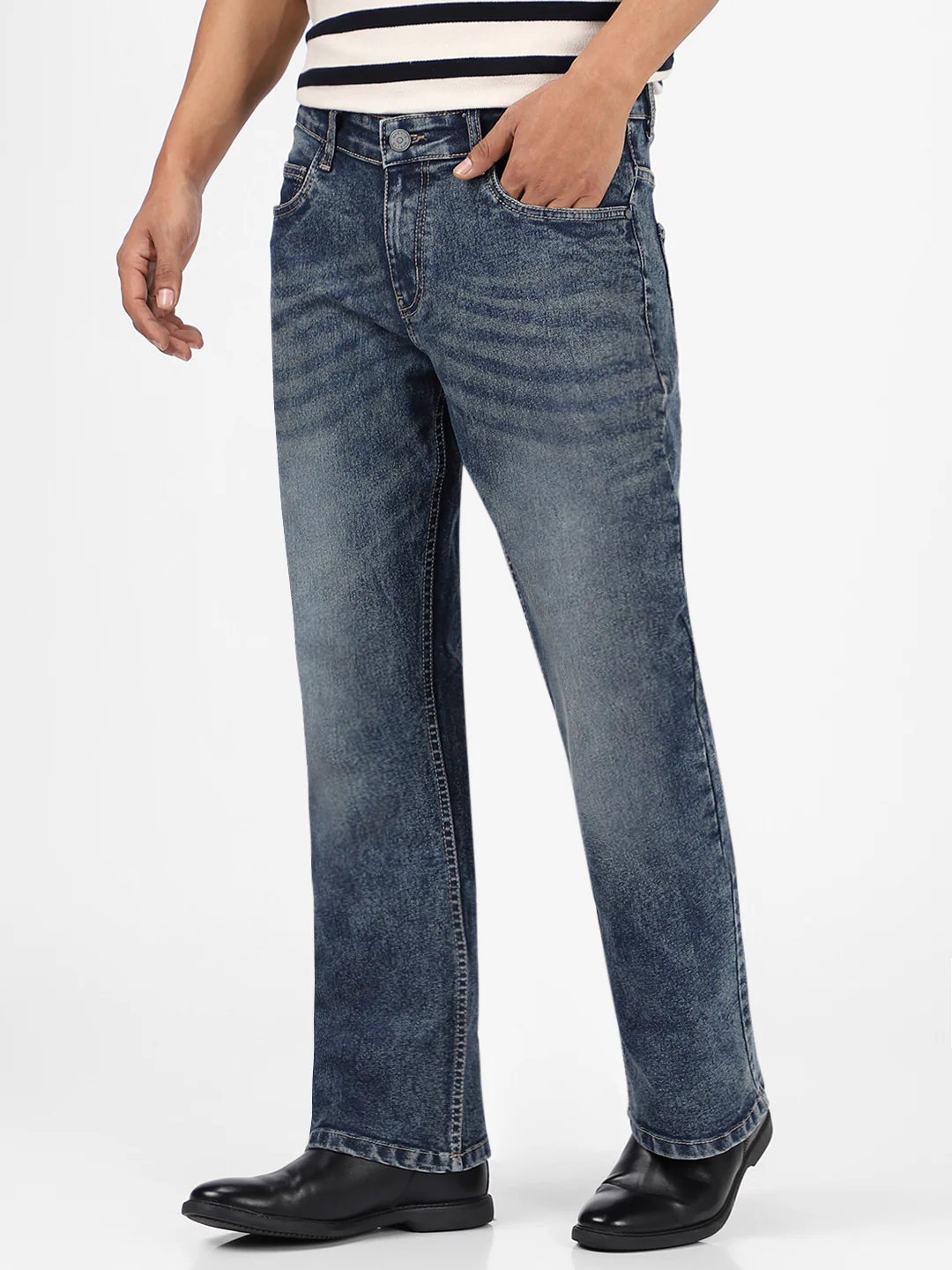 Men's Dark Blue Washed Bootcut Jeans Stretchable - Image 2
