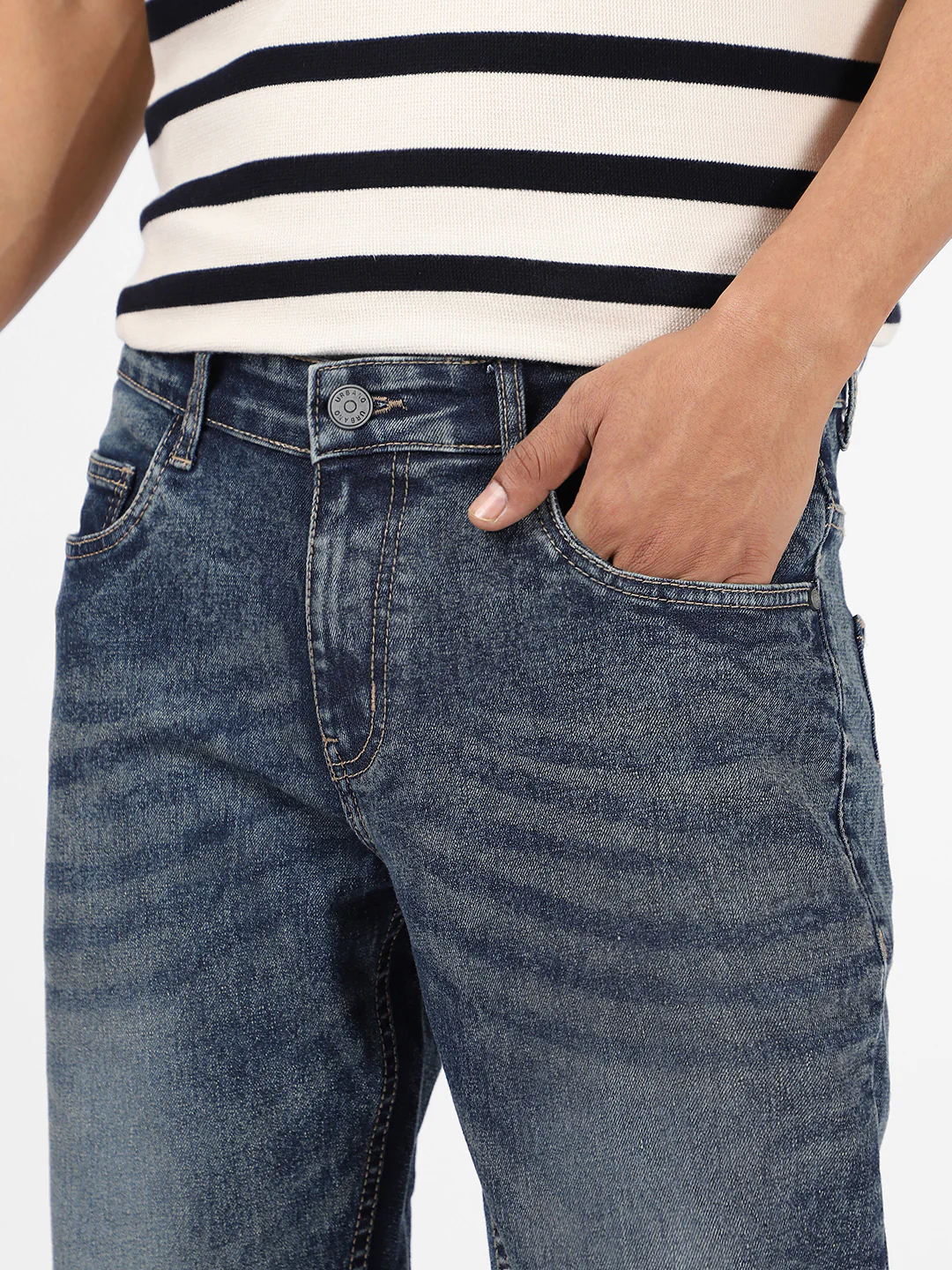 Men's Dark Blue Washed Bootcut Jeans Stretchable - Image 5
