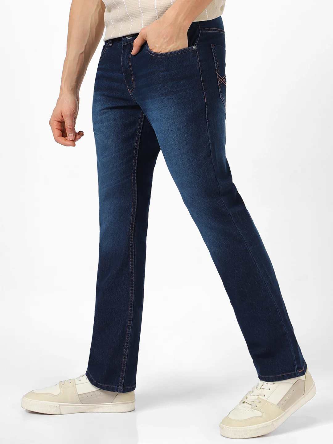 Men's Dark Blue Washed Bootcut Jeans Stretchable - Image 2