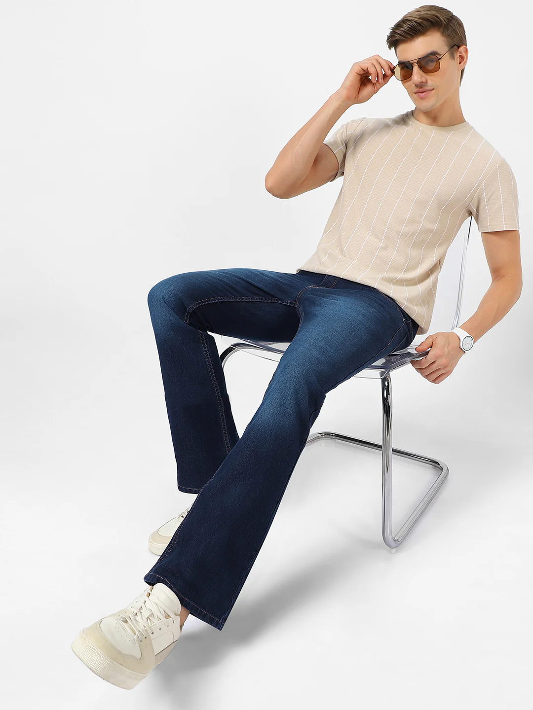 Men's Dark Blue Washed Bootcut Jeans Stretchable - Image 4