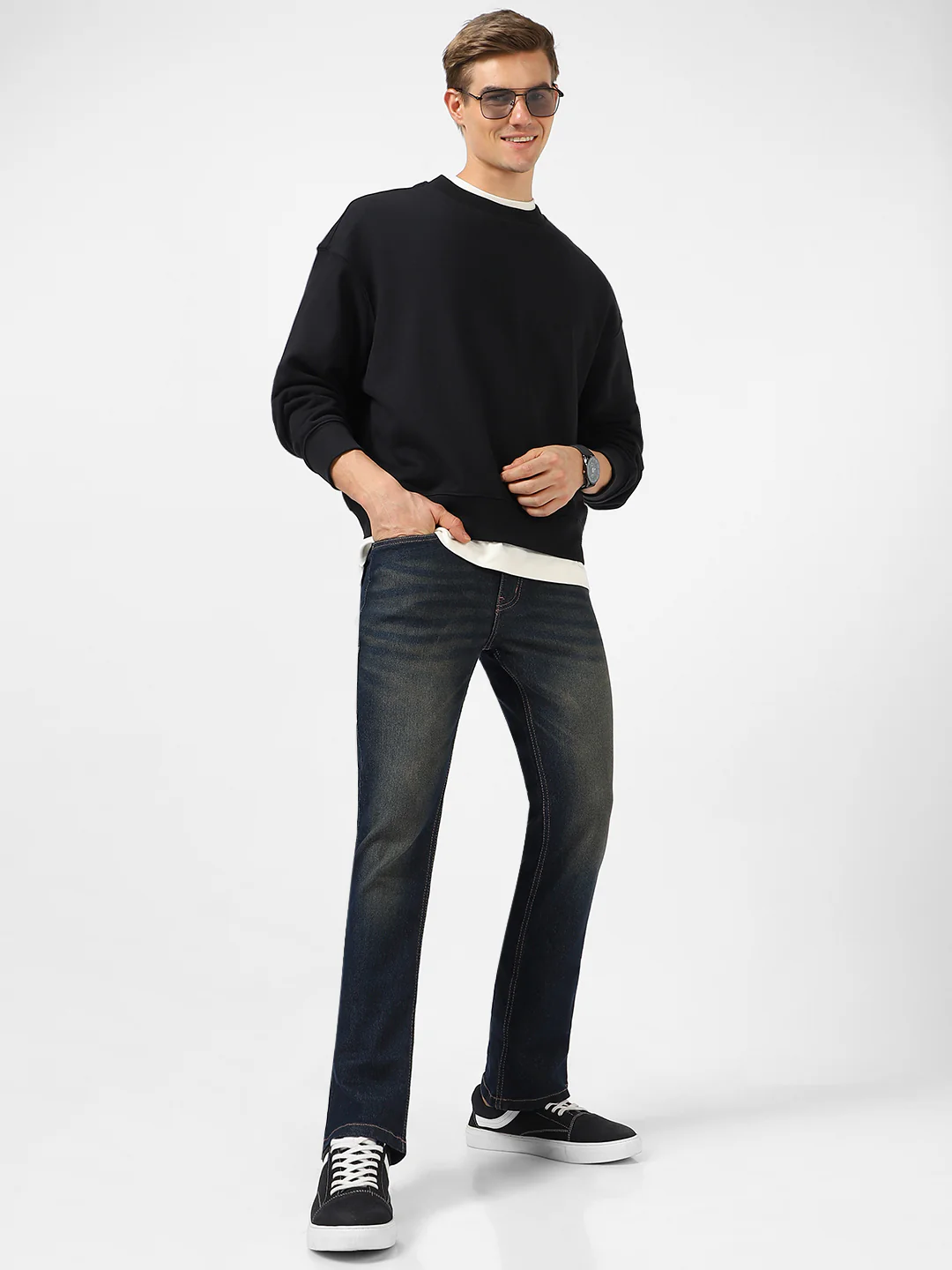 Men's Dark Blue Washed Bootcut Jeans Stretchable - Image 4