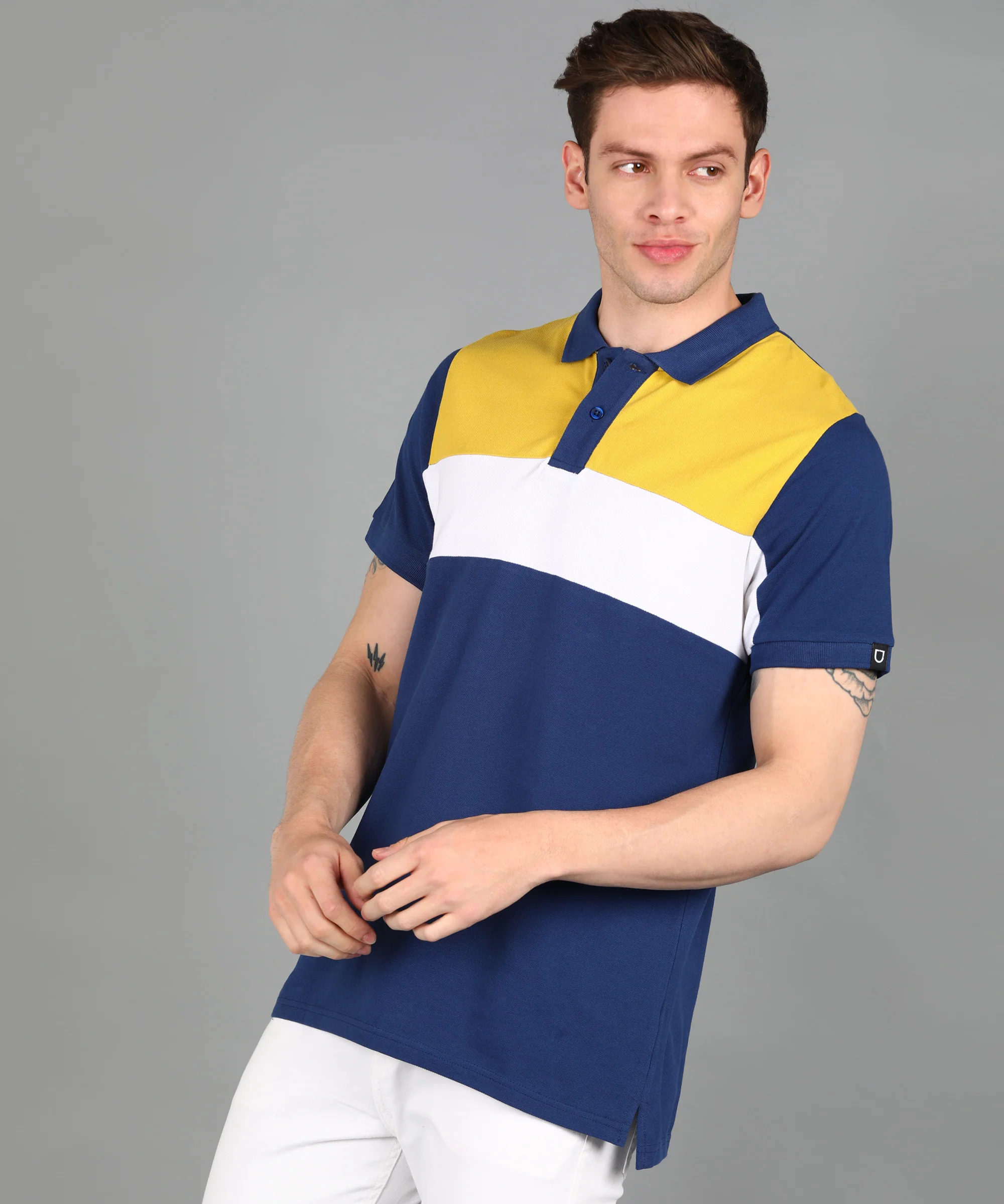 Men's Dark Blue, White, Yellow Colour-Block Slim Fit Half Sleeve Cotton Polo T-Shirt - Image 2