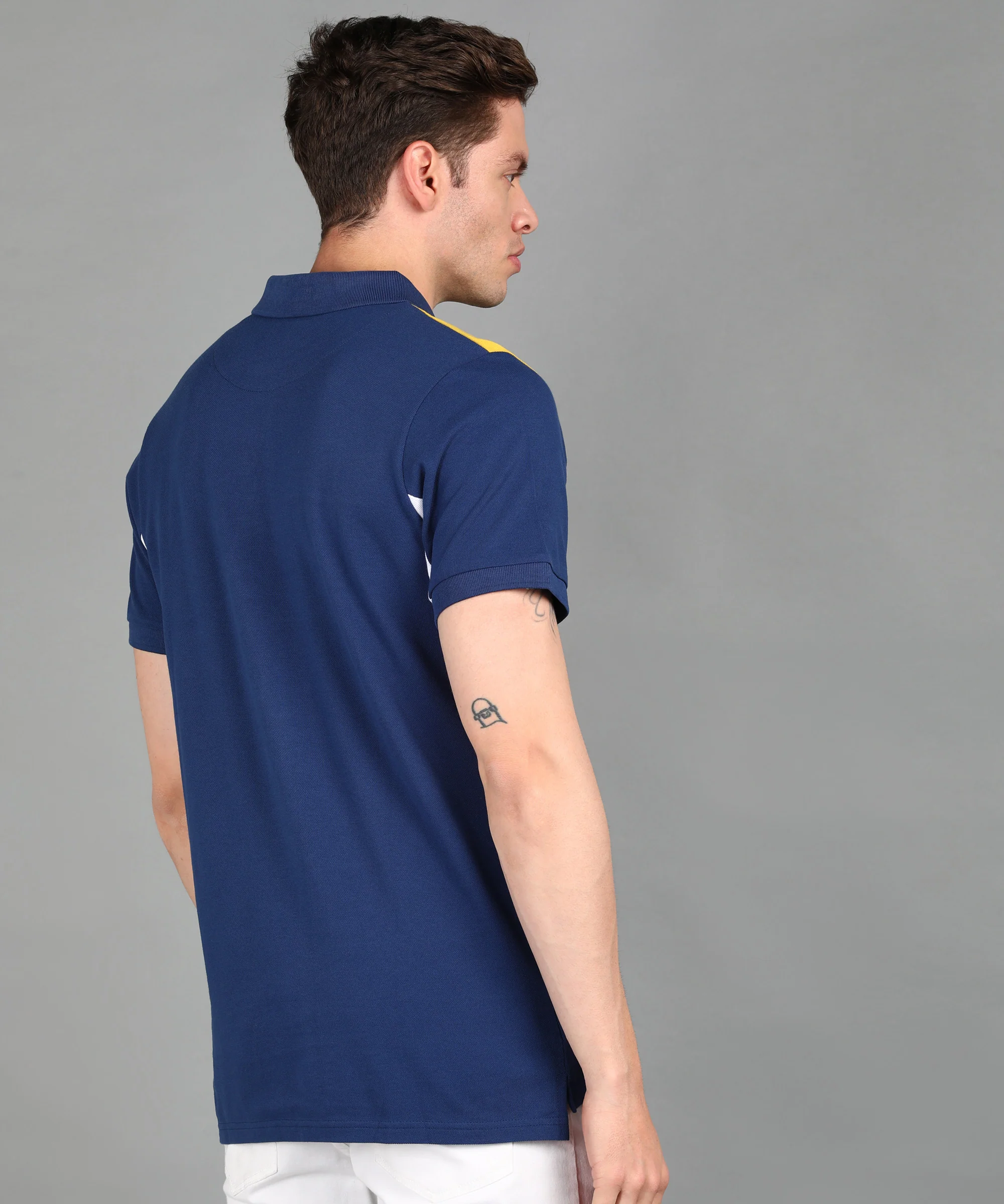 Men's Dark Blue, White, Yellow Colour-Block Slim Fit Half Sleeve Cotton Polo T-Shirt - Image 3