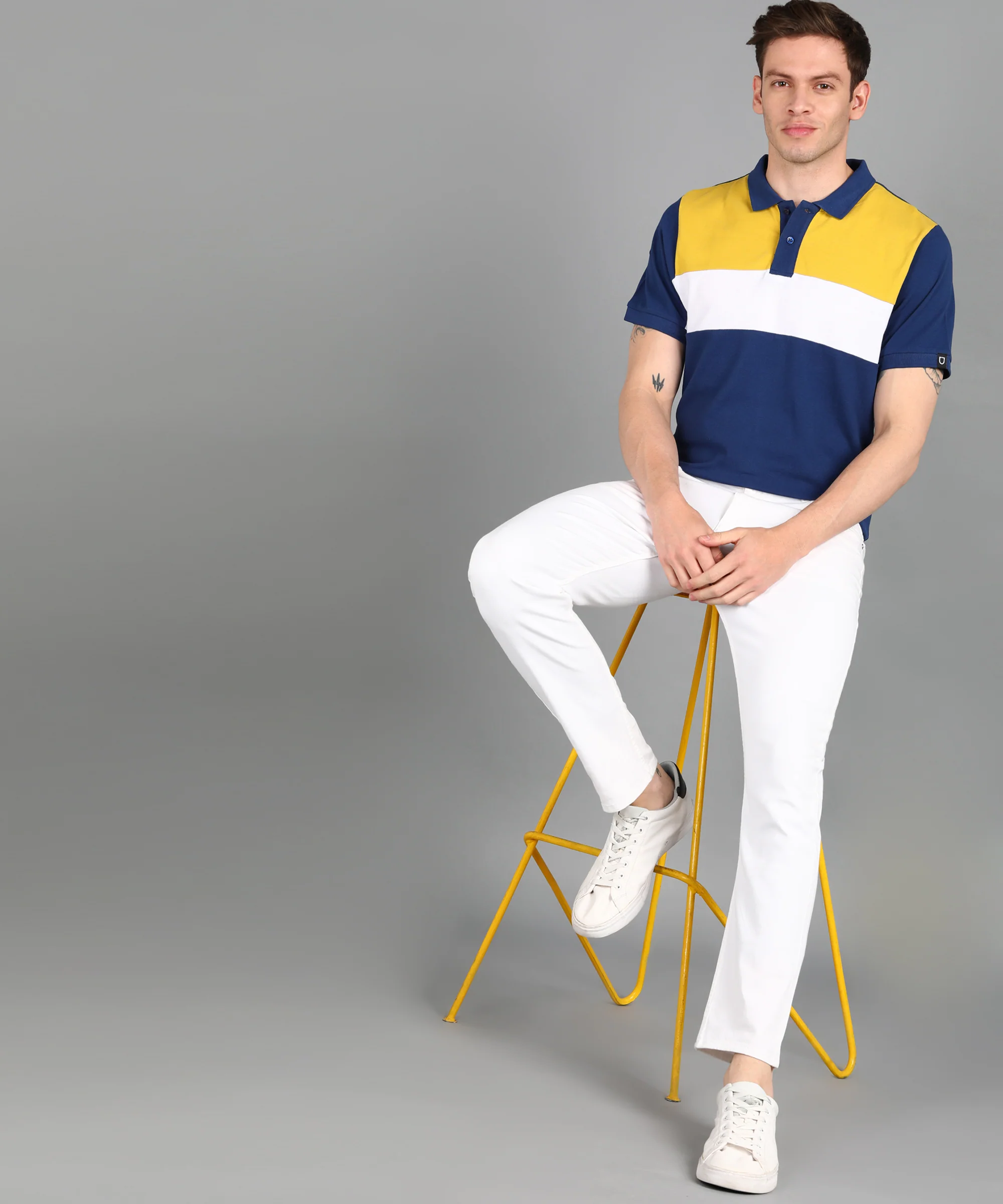 Men's Dark Blue, White, Yellow Colour-Block Slim Fit Half Sleeve Cotton Polo T-Shirt - Image 4