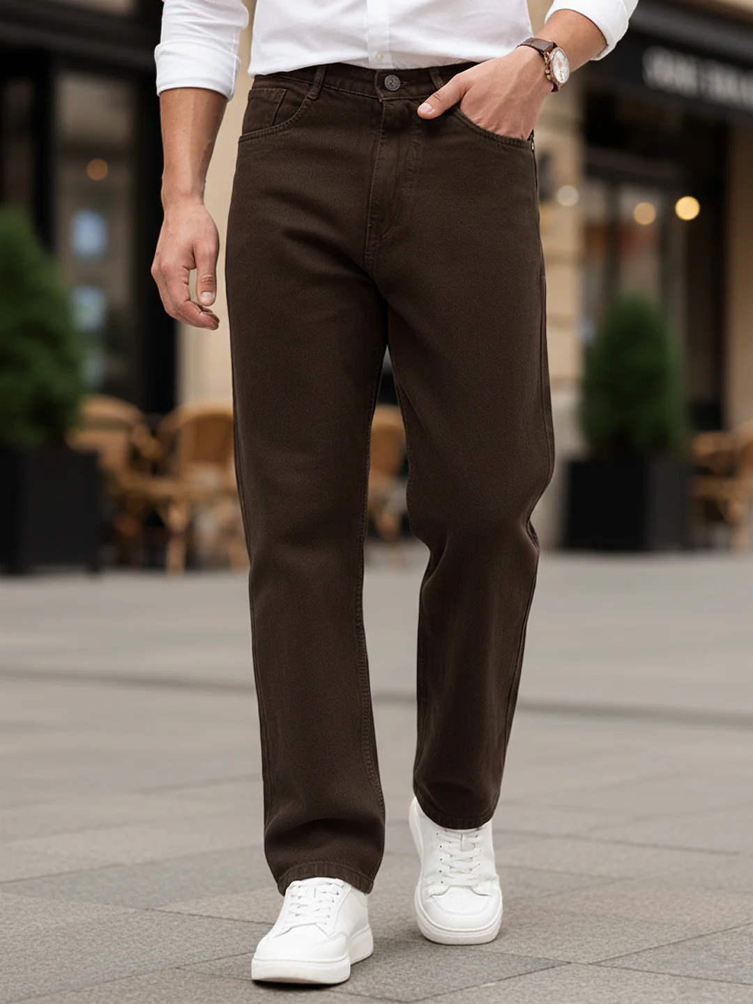 Men's Dark Brown Loose Baggy Fit Washed Denim Jeans Non-Stretchable