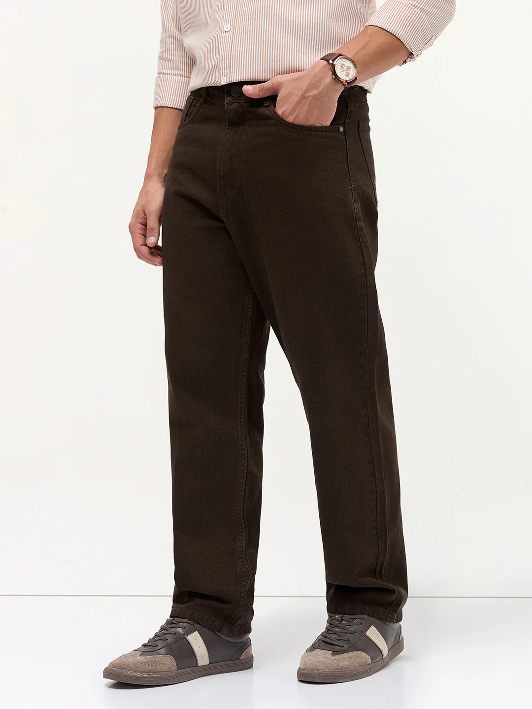 Men's Dark Brown Loose Baggy Fit Washed Denim Jeans Non-Stretchable - Image 2