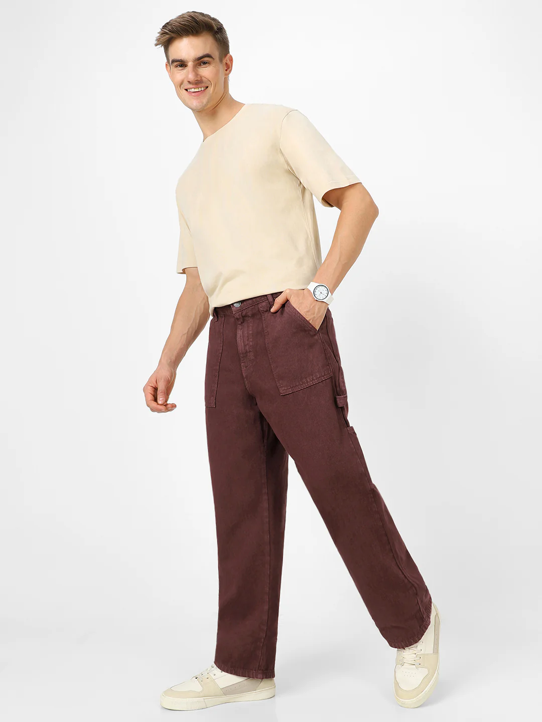 Men's Dark Brown Loose Fit Cargo Carpenter Jeans With 6 Pockets Non-Stretchable - Image 5