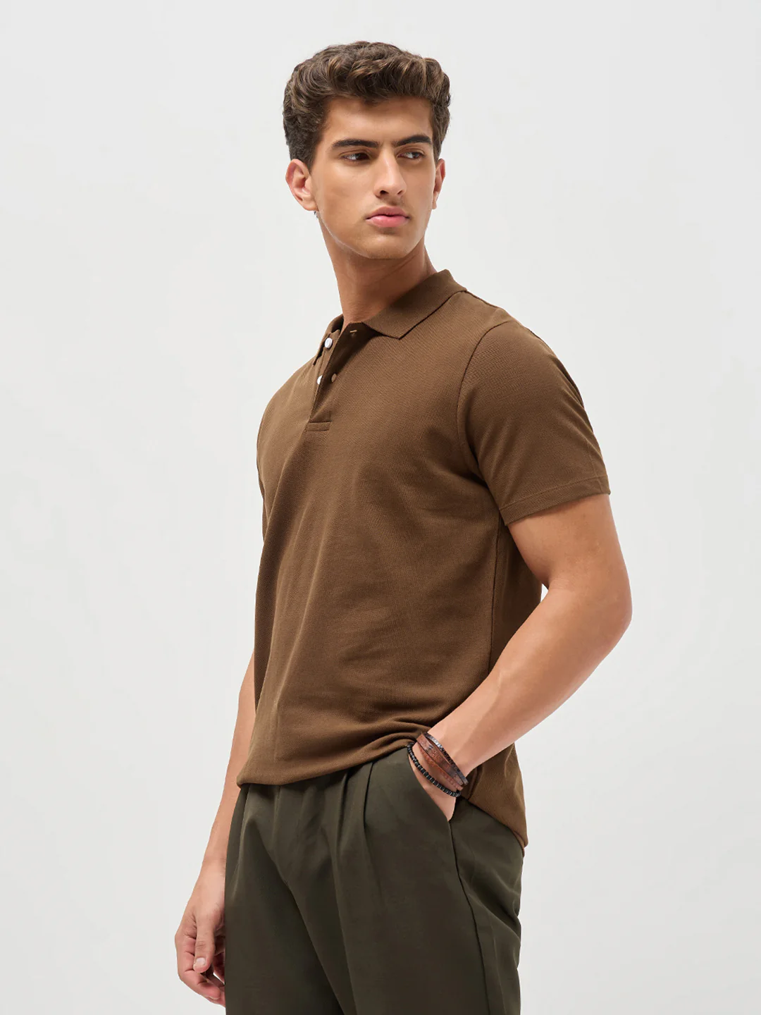 Men's Dark Brown Solid Regular Fit Half Sleeve Cotton Polo T-Shirt - Image 2