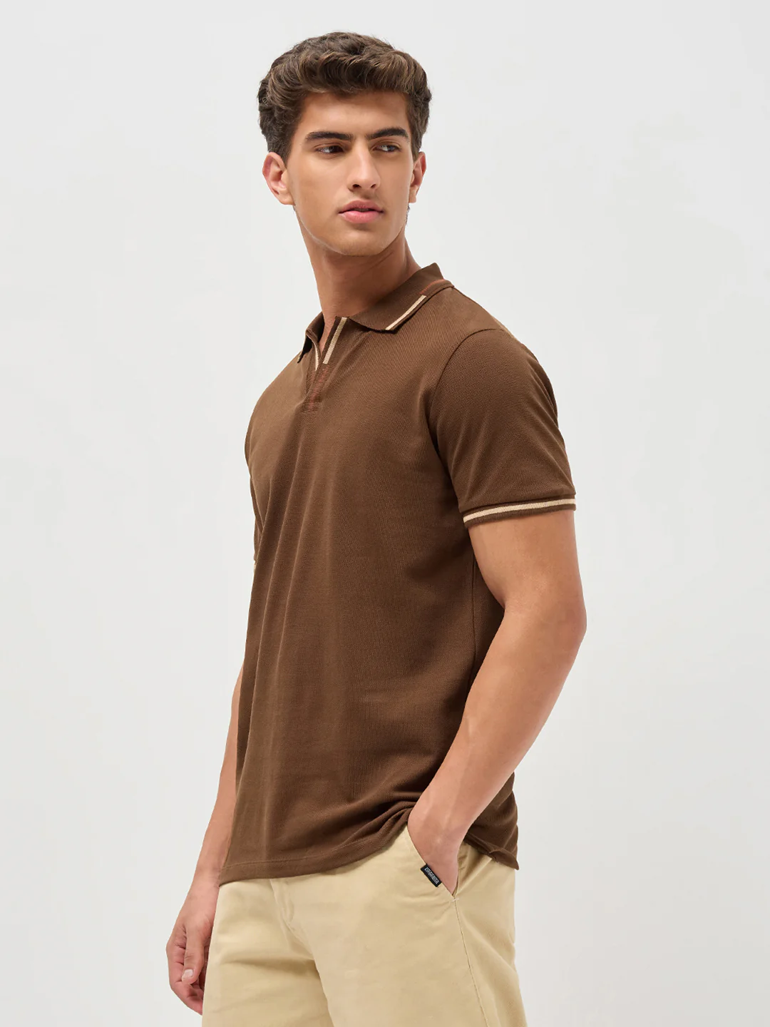 Men's Dark Brown Solid Regular Fit Half Sleeve Cotton Polo T-Shirt - Image 2