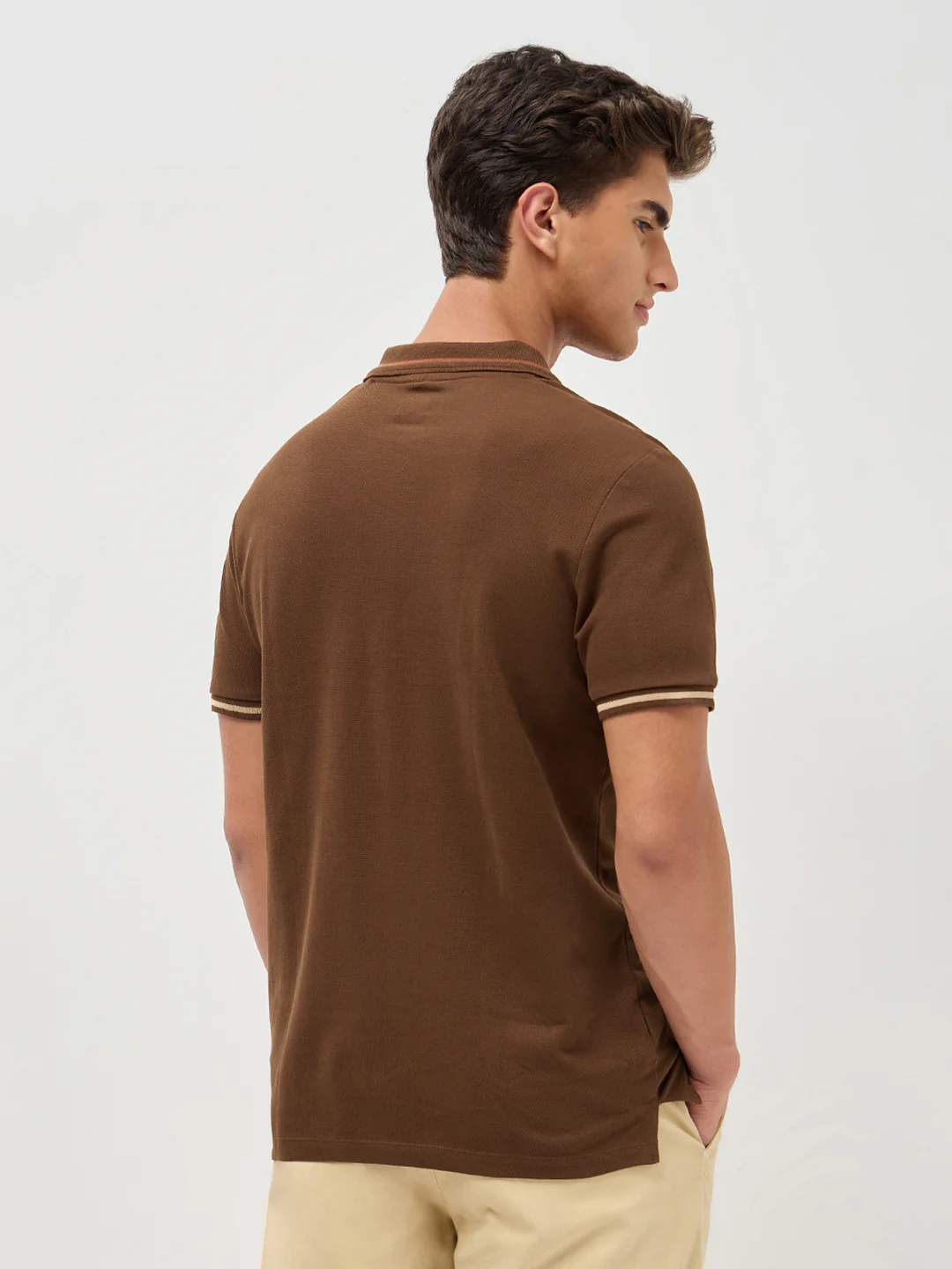 Men's Dark Brown Solid Regular Fit Half Sleeve Cotton Polo T-Shirt - Image 3