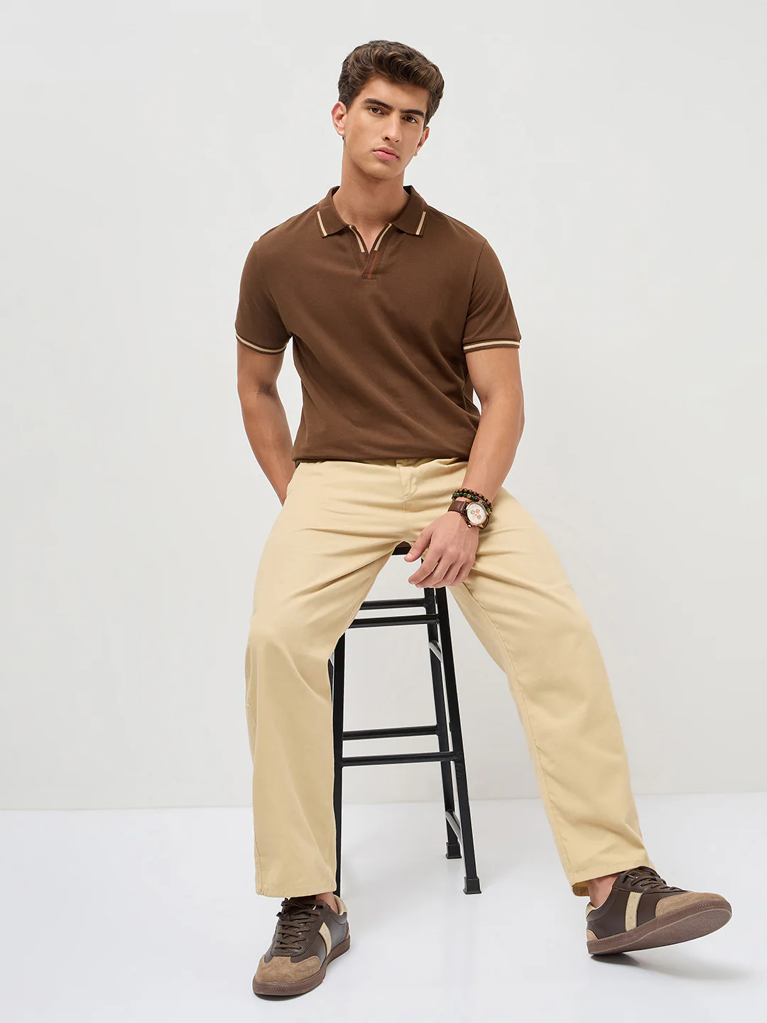 Men's Dark Brown Solid Regular Fit Half Sleeve Cotton Polo T-Shirt - Image 4