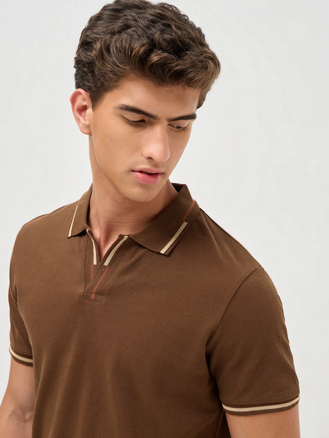Men's Dark Brown Solid Regular Fit Half Sleeve Cotton Polo T-Shirt - Image 5