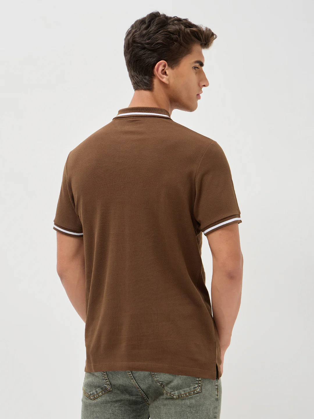 Men's Dark Brown Solid Regular Fit Half Sleeve Cotton Polo T-Shirt - Image 3