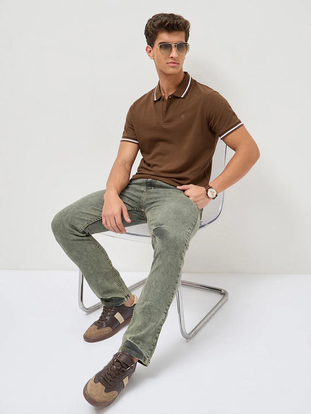 Men's Dark Brown Solid Regular Fit Half Sleeve Cotton Polo T-Shirt - Image 4