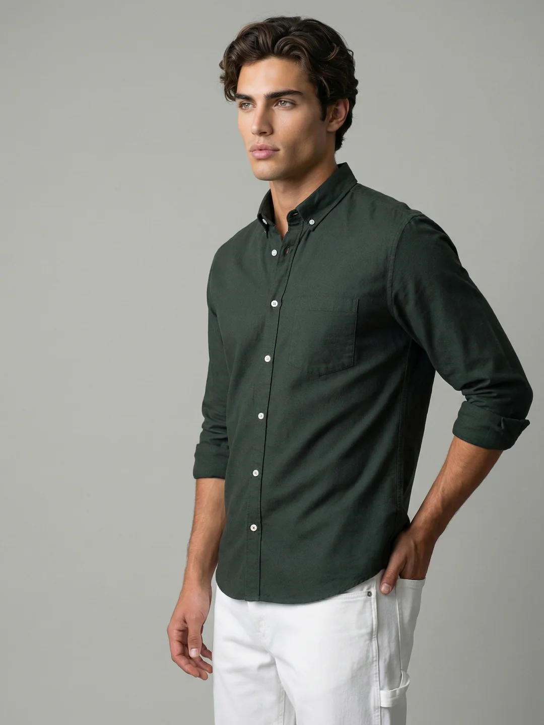 Men's Dark Green Cotton Full Sleeve Regular Fit Solid Oxford Shirt With Button-Down Collar - Image 2