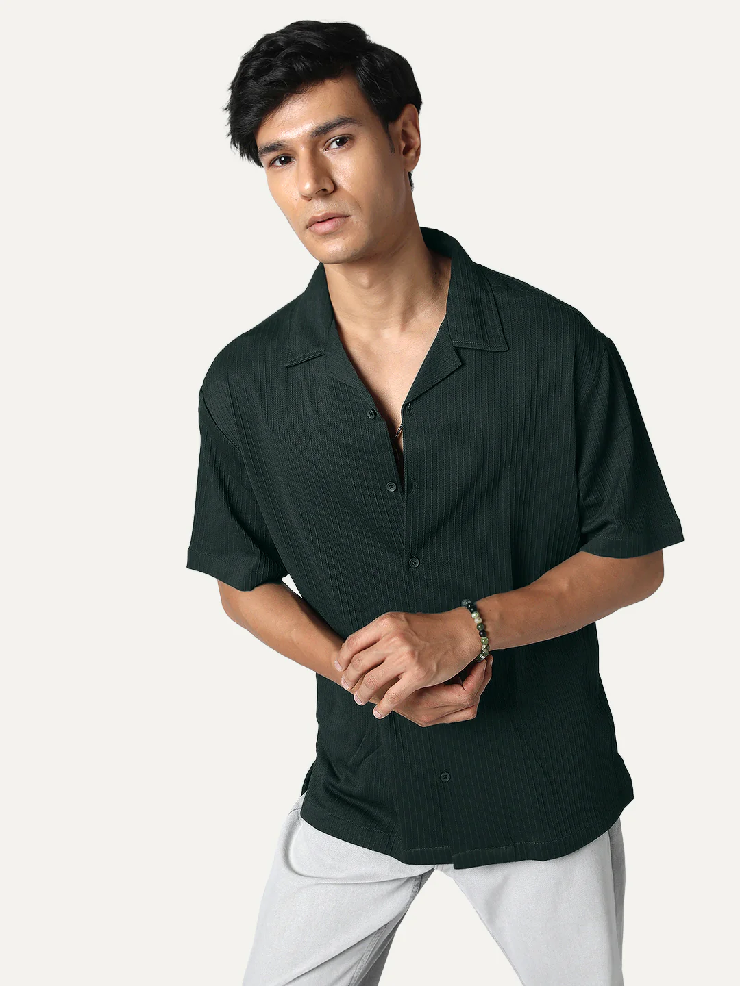 Men's Dark Green Cotton Half Sleeve Oversized Fit Textured Shirt with Cuban Collar