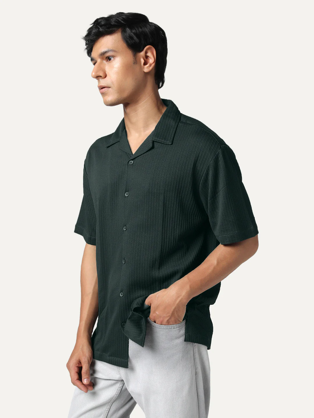 Men's Dark Green Cotton Half Sleeve Oversized Fit Textured Shirt with Cuban Collar - Image 2
