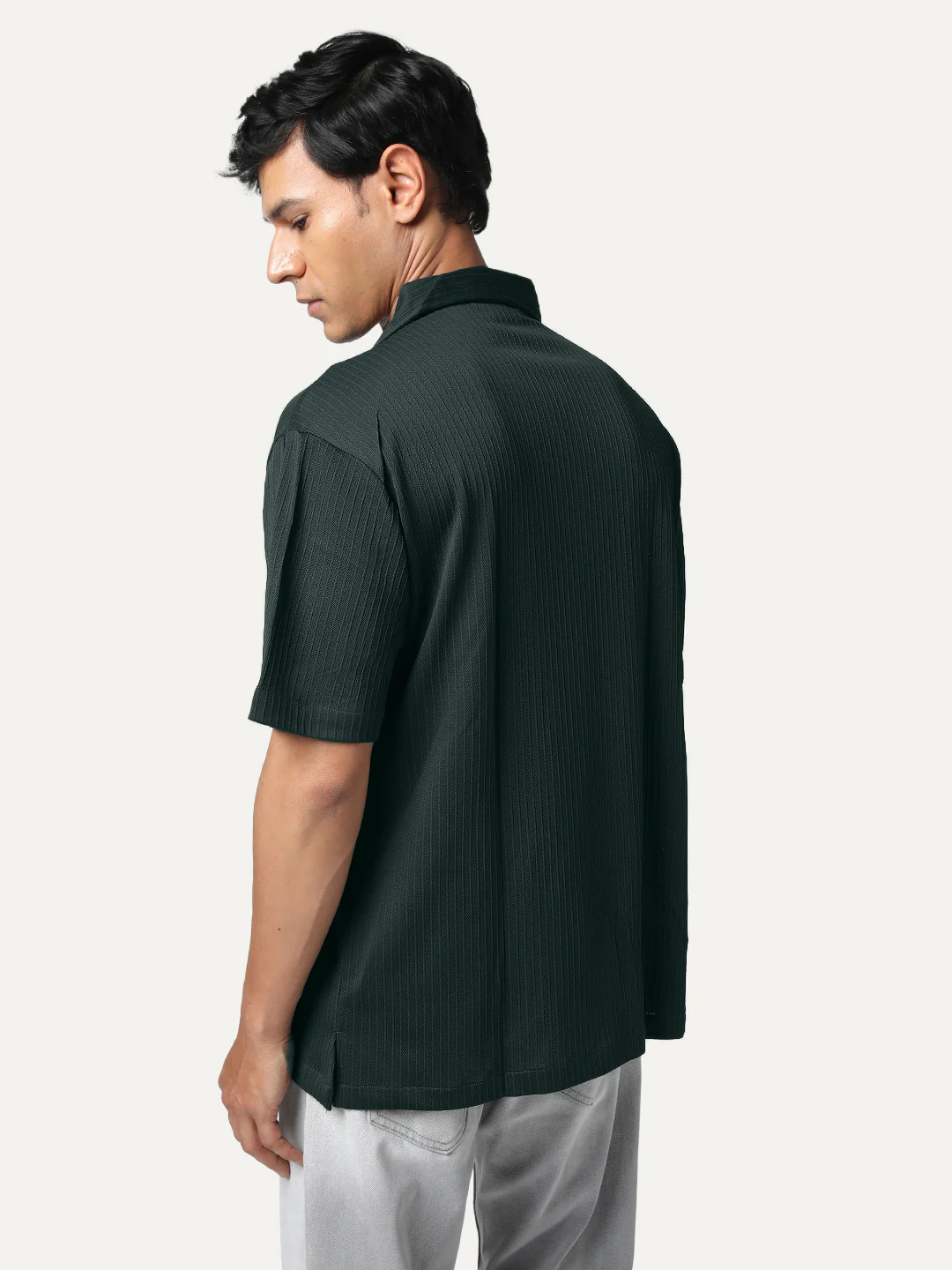 Men's Dark Green Cotton Half Sleeve Oversized Fit Textured Shirt with Cuban Collar - Image 3