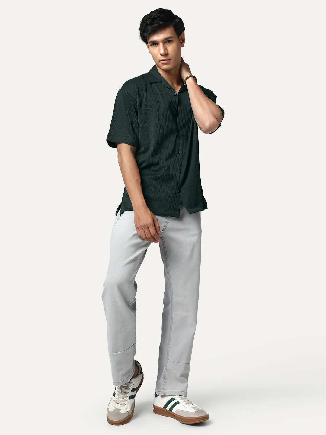 Men's Dark Green Cotton Half Sleeve Oversized Fit Textured Shirt with Cuban Collar - Image 4