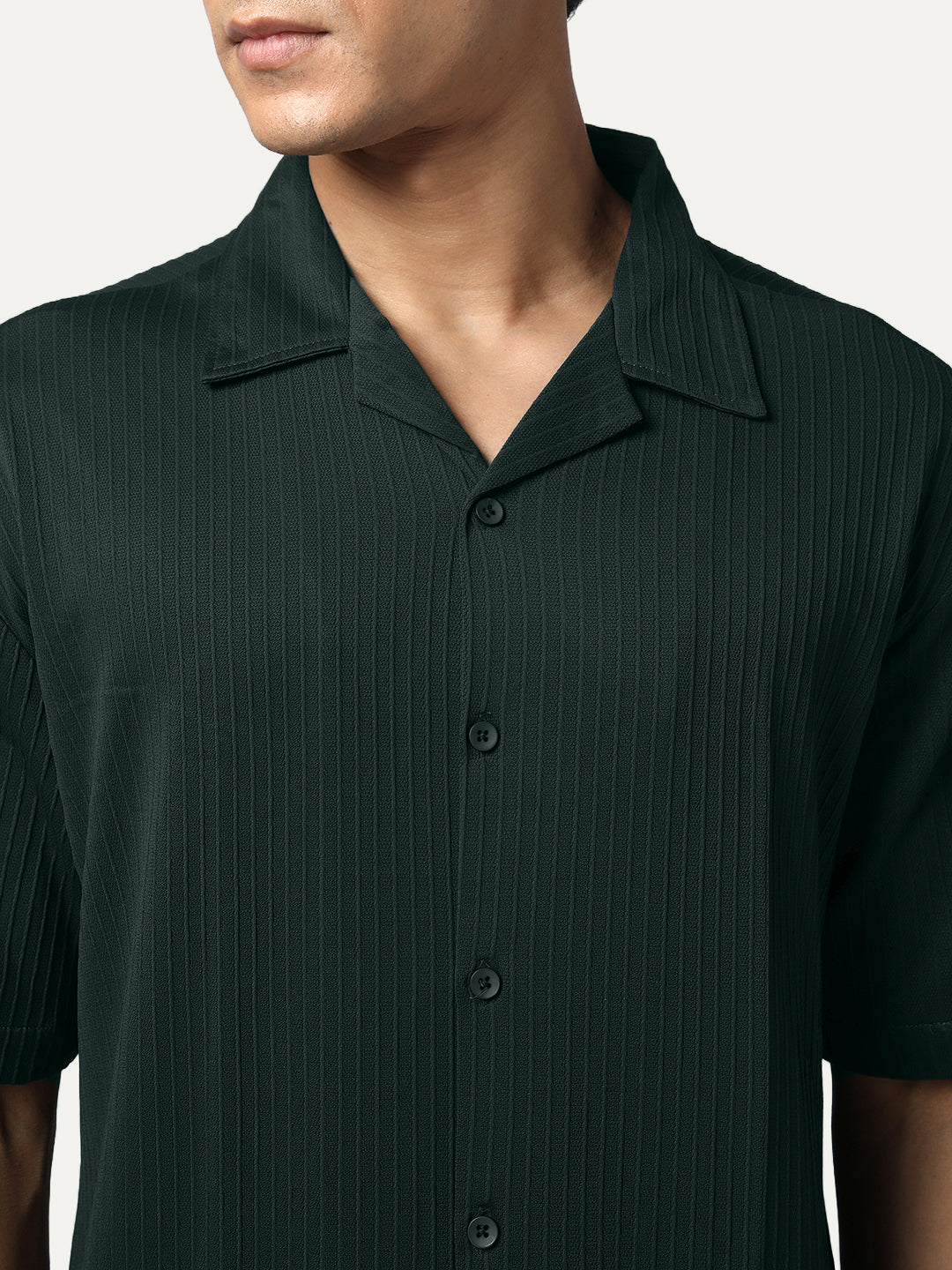 Men's Dark Green Cotton Half Sleeve Oversized Fit Textured Shirt with Cuban Collar - Image 5