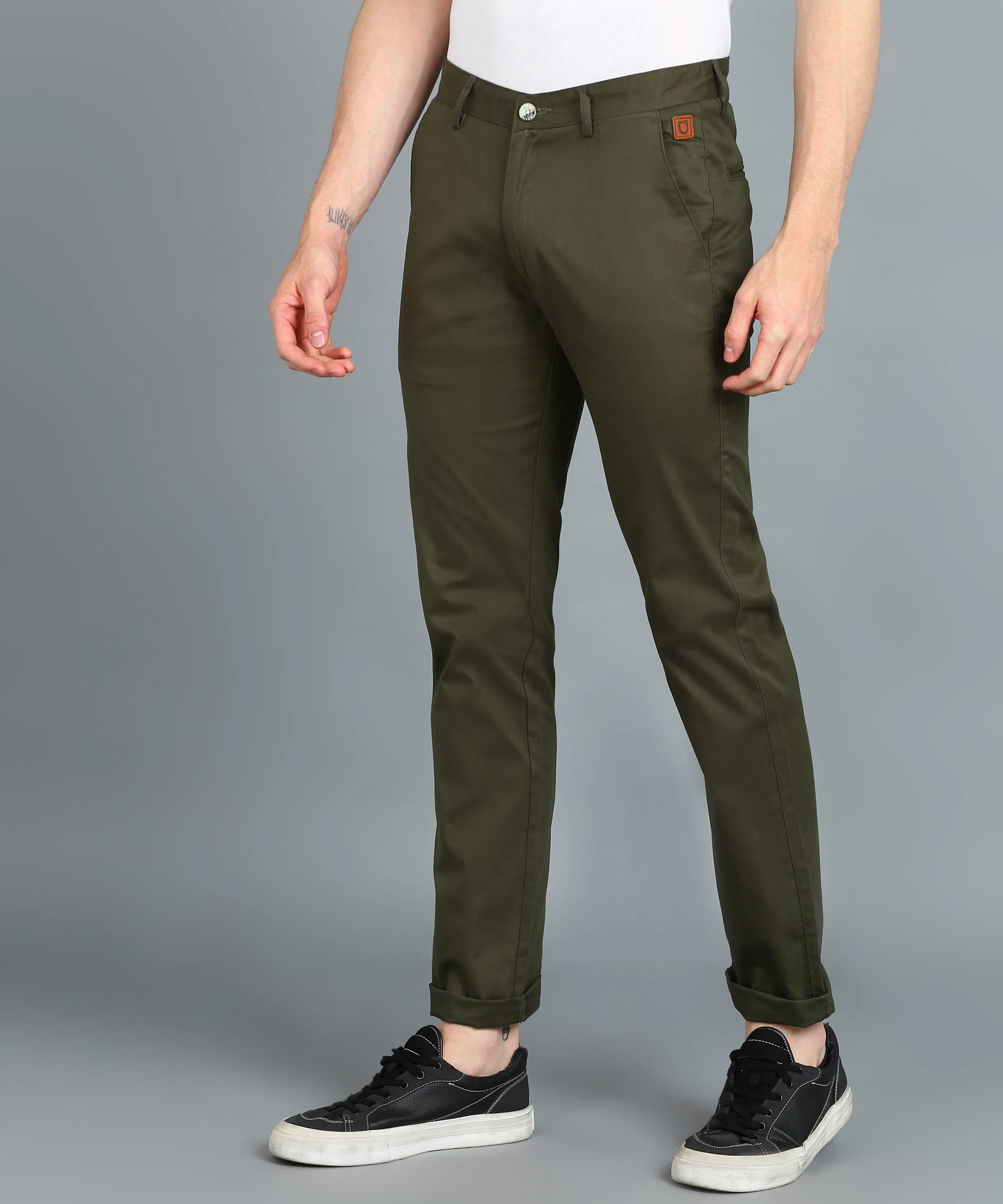 Men's Dark Green Cotton Slim Fit Casual Chinos Trousers - Image 3