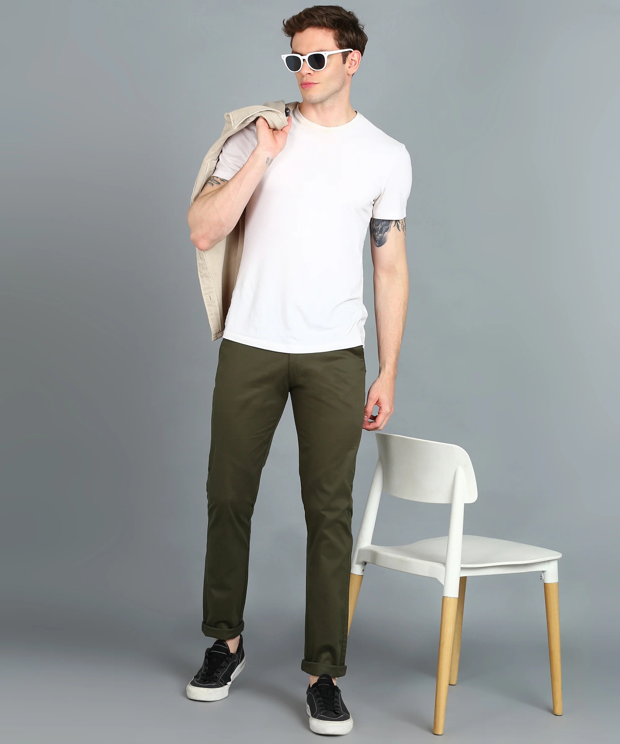 Men's Dark Green Cotton Slim Fit Casual Chinos Trousers - Image 5