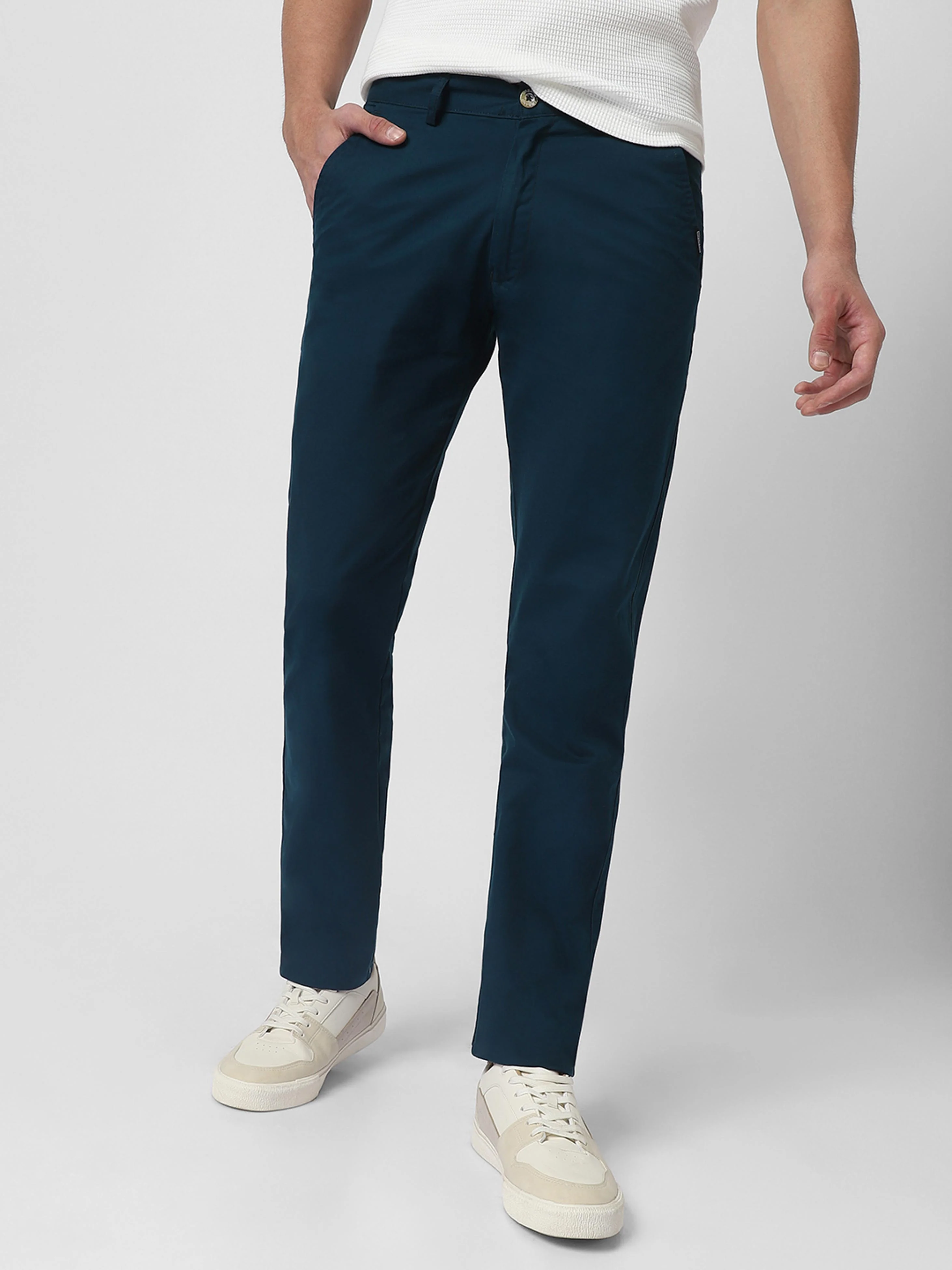 Men's Dark Green Cotton Slim Fit Casual Chinos Trousers - Image 2