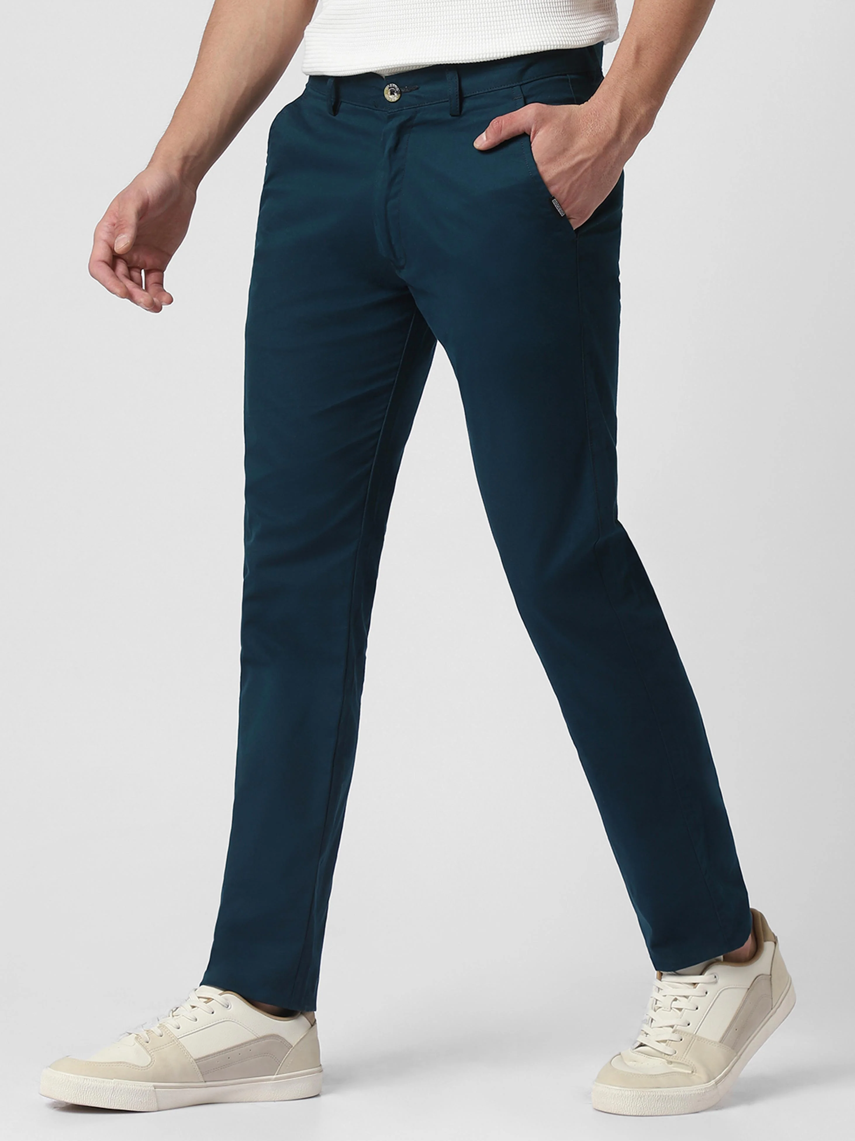 Men's Dark Green Cotton Slim Fit Casual Chinos Trousers - Image 3