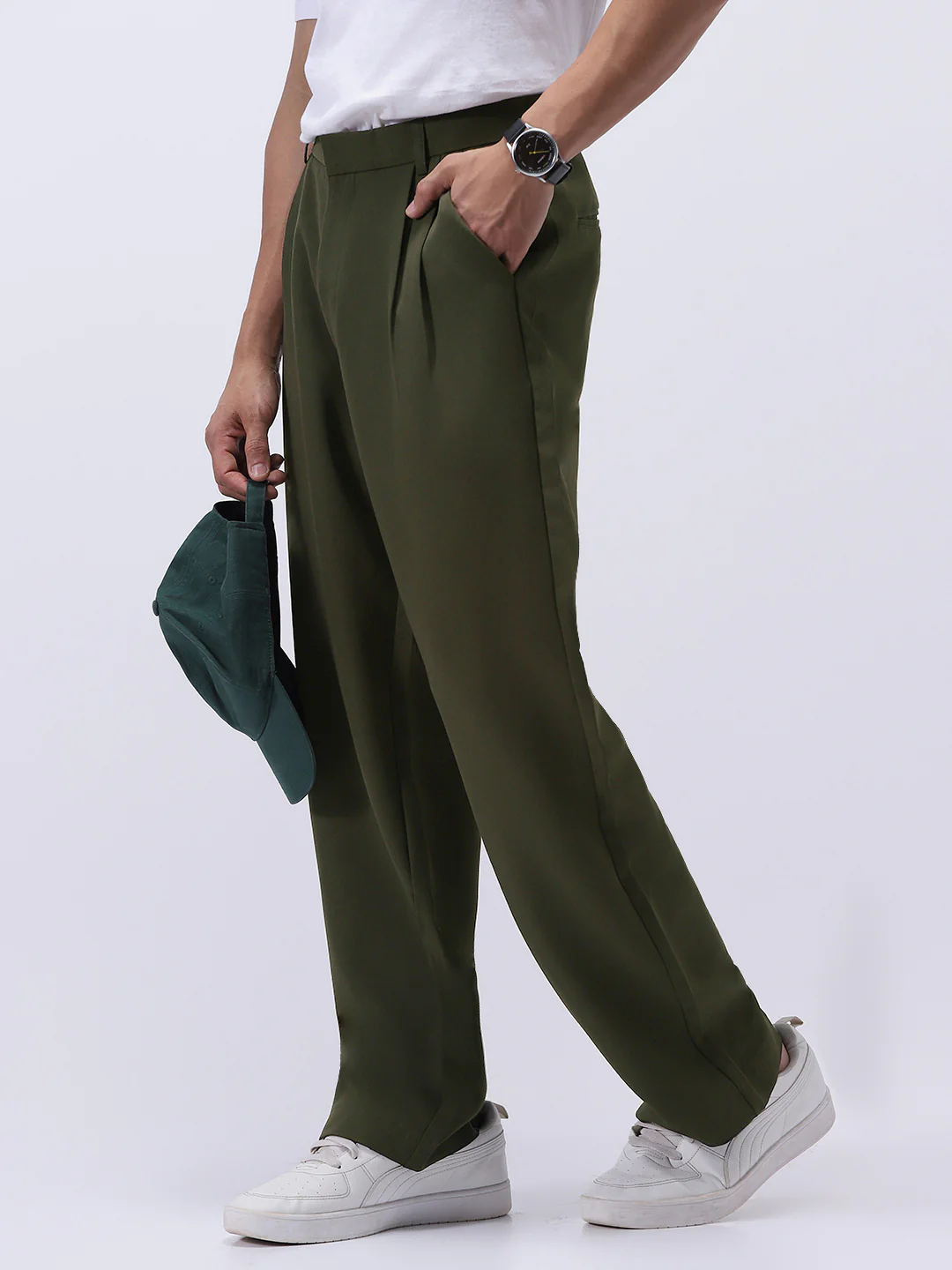 Men's Dark Green Loose Baggy Fit Solid Korean Pants Stretchable - Image 2