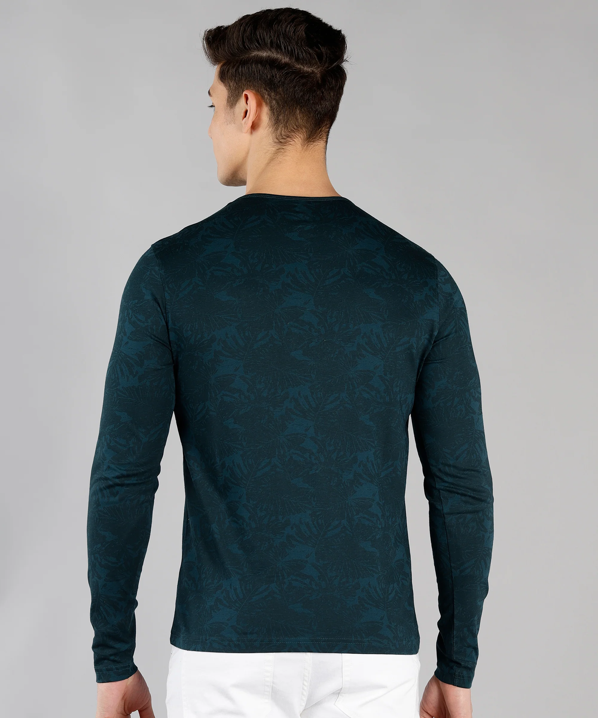 Men's Dark Green Printed Henley Neck Full Sleeve Cotton T-Shirt - Image 3
