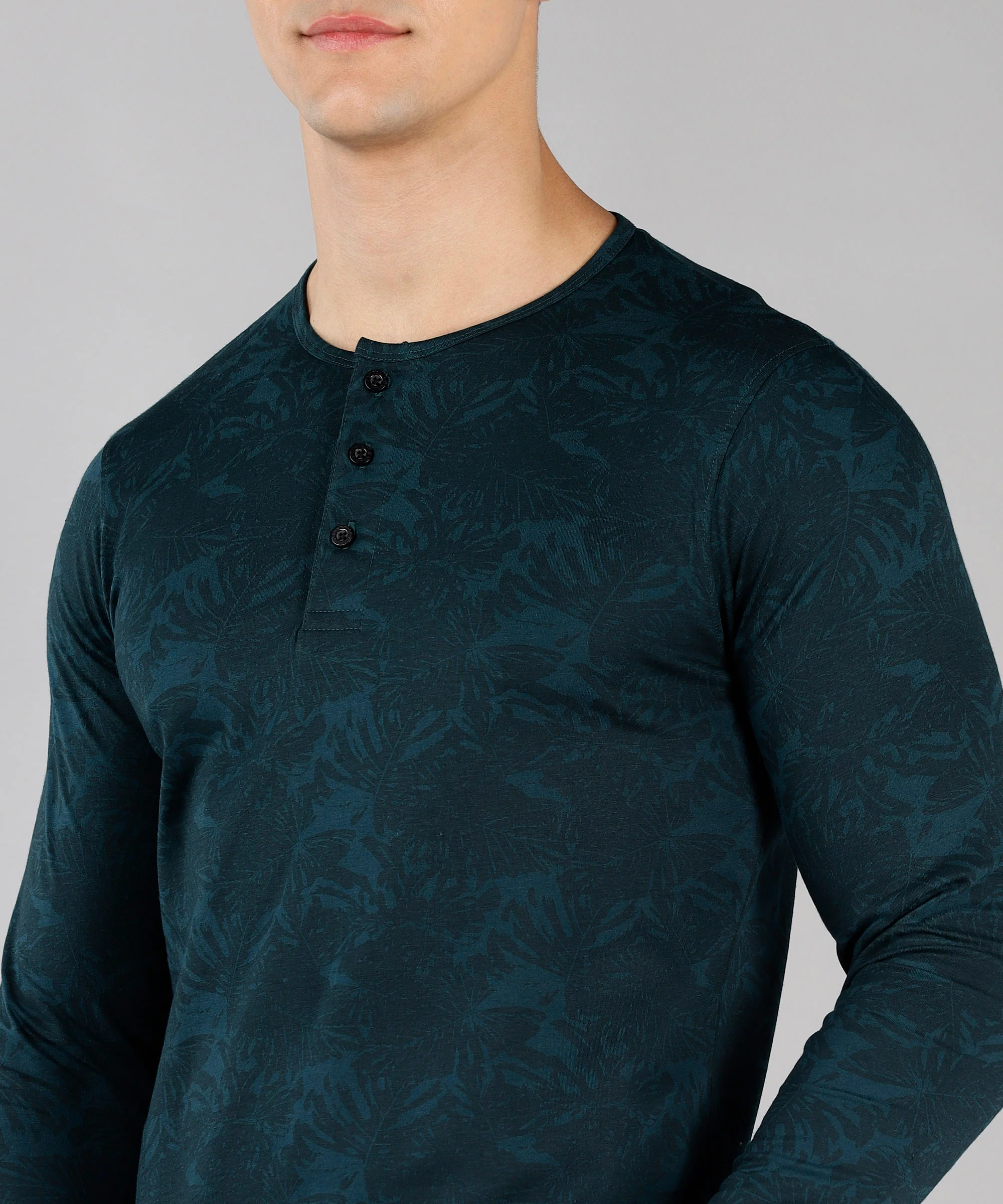 Men's Dark Green Printed Henley Neck Full Sleeve Cotton T-Shirt - Image 4