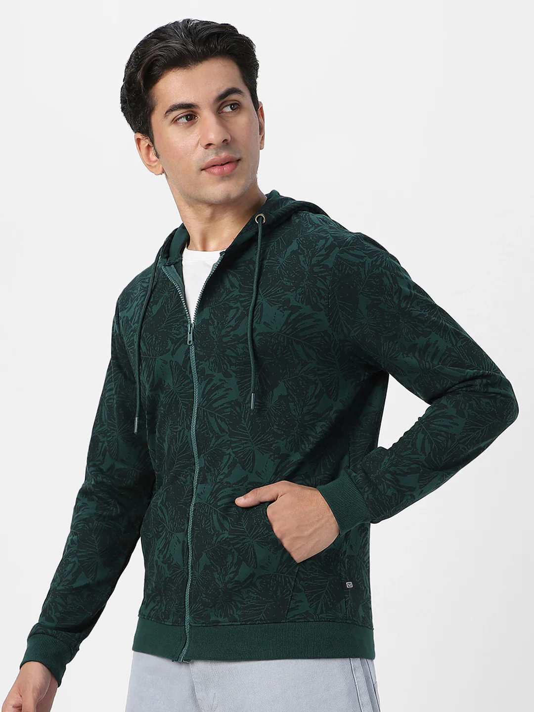 Men's Dark Green Regular Fit Printed Full Sleeve Winterwear Hooded Sweatshirt - Image 3