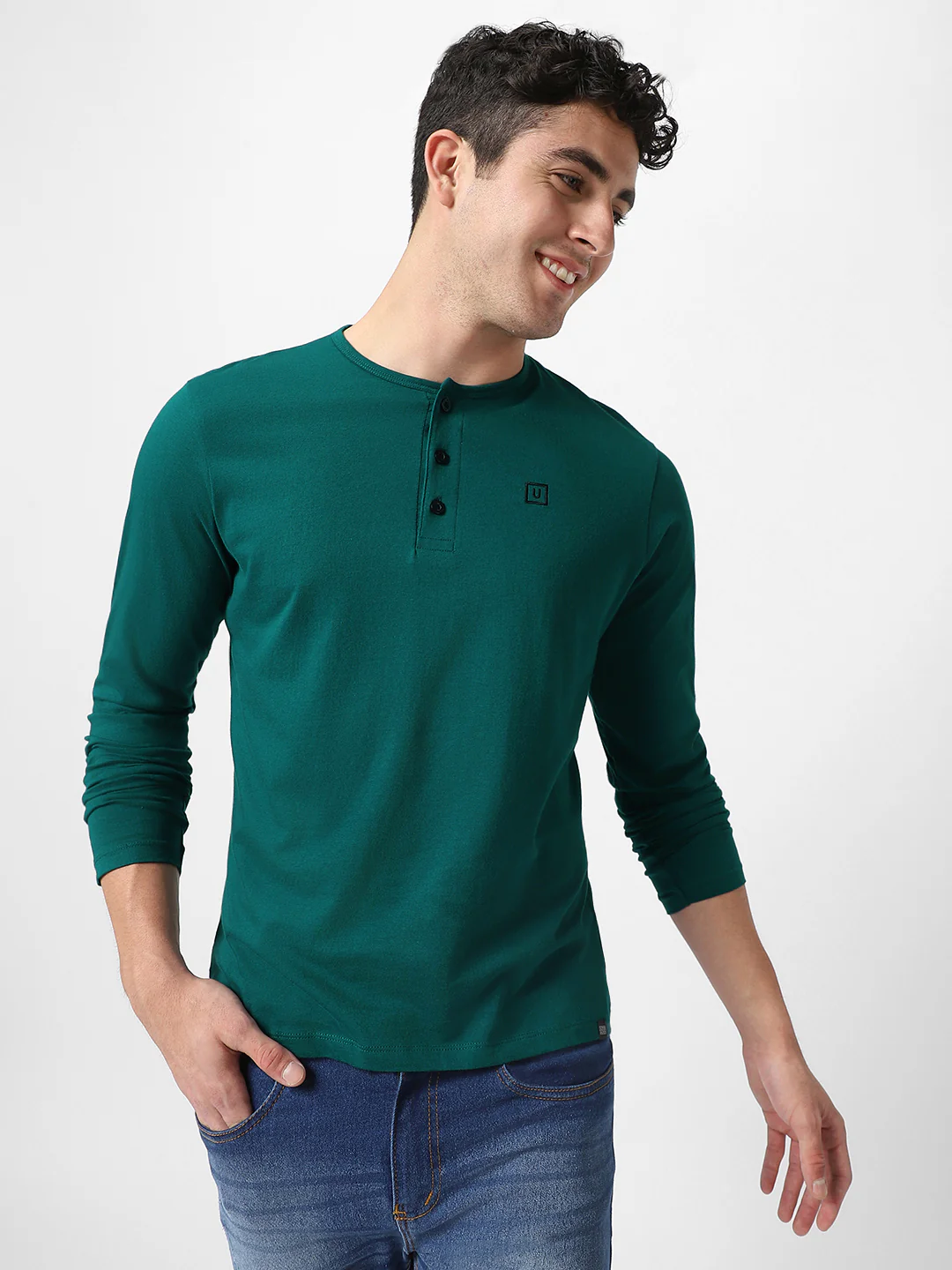 Men's Dark Green Solid Henley Neck Slim Fit Cotton T-Shirt - Image 2