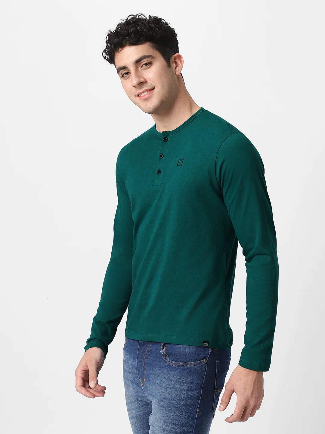 Men's Dark Green Solid Henley Neck Slim Fit Cotton T-Shirt - Image 3