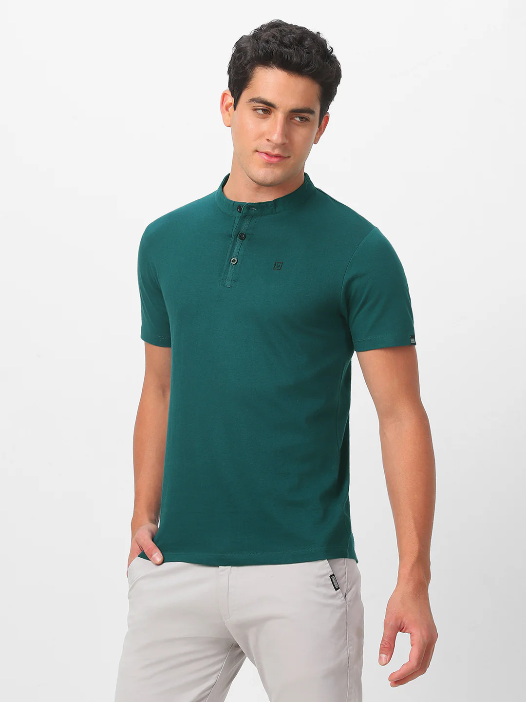 Men's Dark Green Solid Mandarin Collar Slim Fit Cotton T-Shirt - Image 3