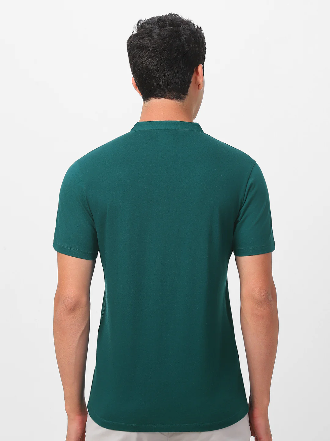 Men's Dark Green Solid Mandarin Collar Slim Fit Cotton T-Shirt - Image 4