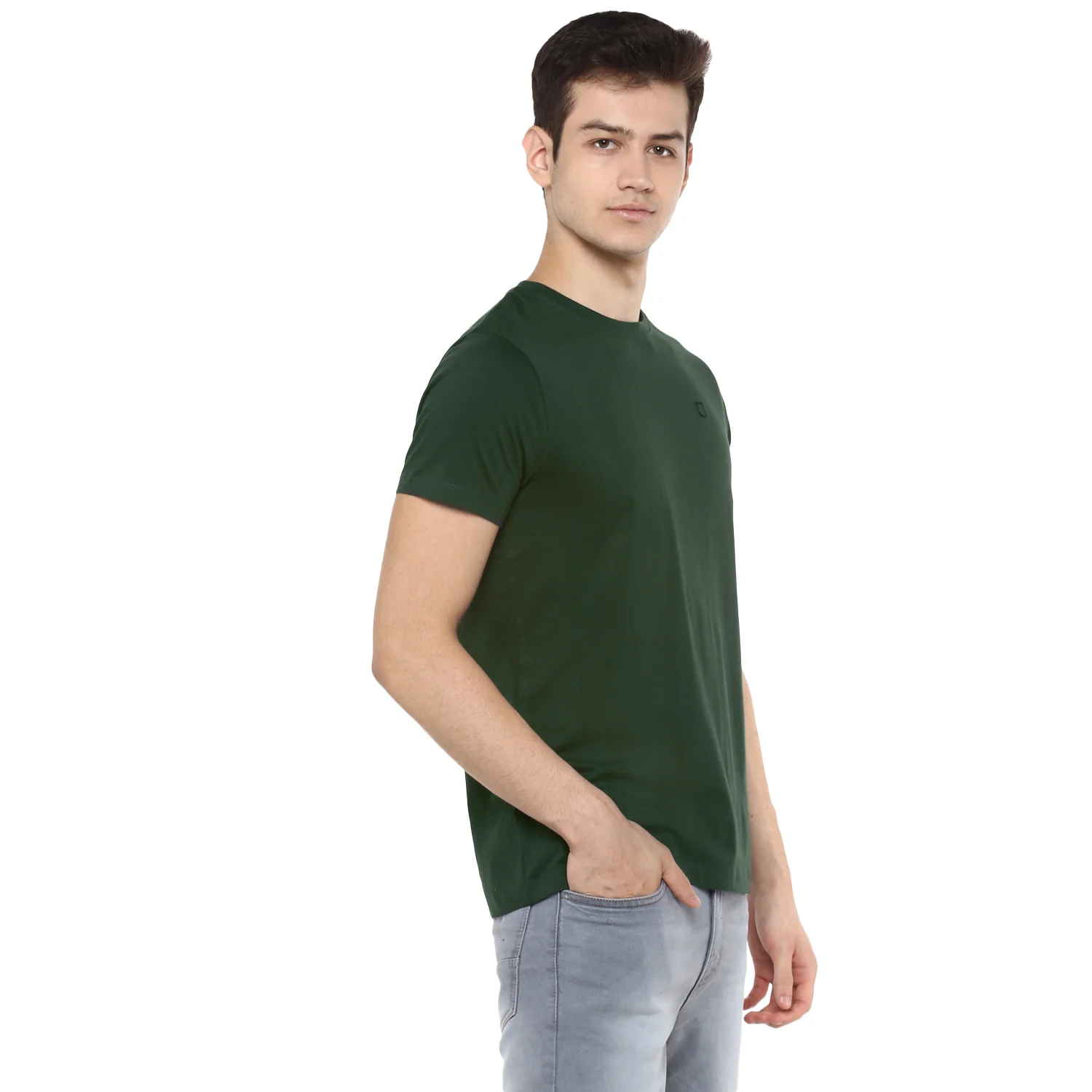 Men's Dark Green Solid Slim Fit Round Neck Cotton T-Shirt - Image 2